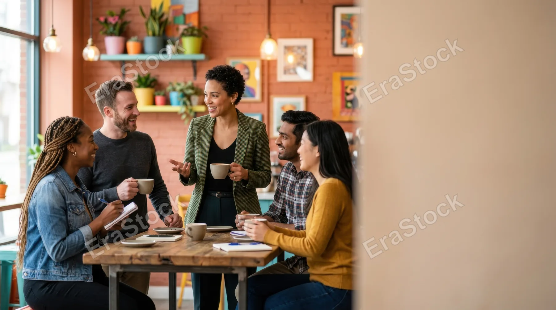 the sales representative stands at the center of a team huddle, with her team members engaged in animated discussion over coffee. the cafes colorful decor creates a