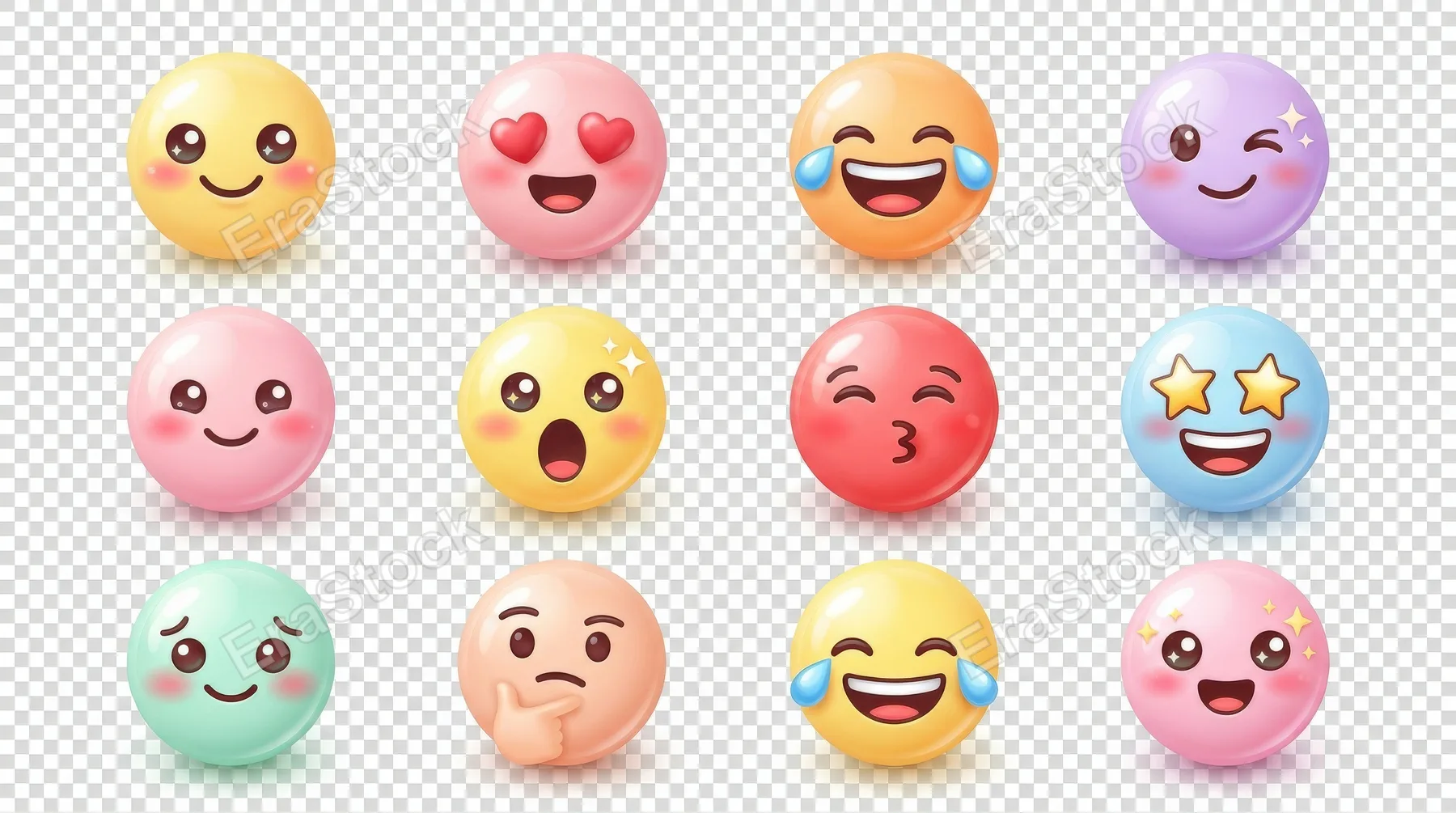 A set of cute emoji face expressions, isolated on transparent background, rounded glossy surfaces, soft pastel charm, cheerful kawaii icon mood, ultra-realistic, no logos.