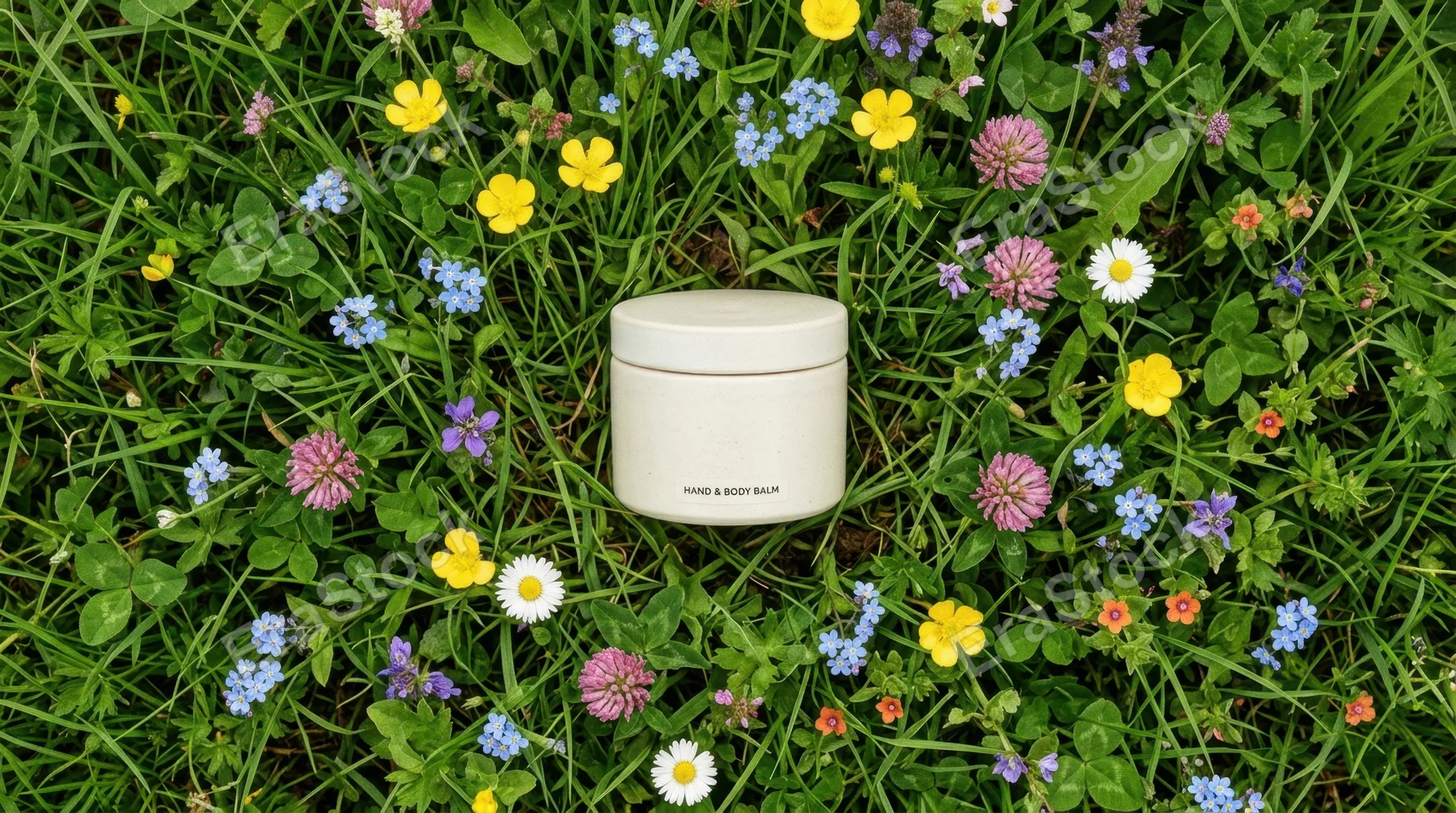 an overhead flat lay of a matte cream tub surrounded by vibrant green grass and colorful wildflowers. shot from a high angle with a phase one xf camera paired with a 35mm