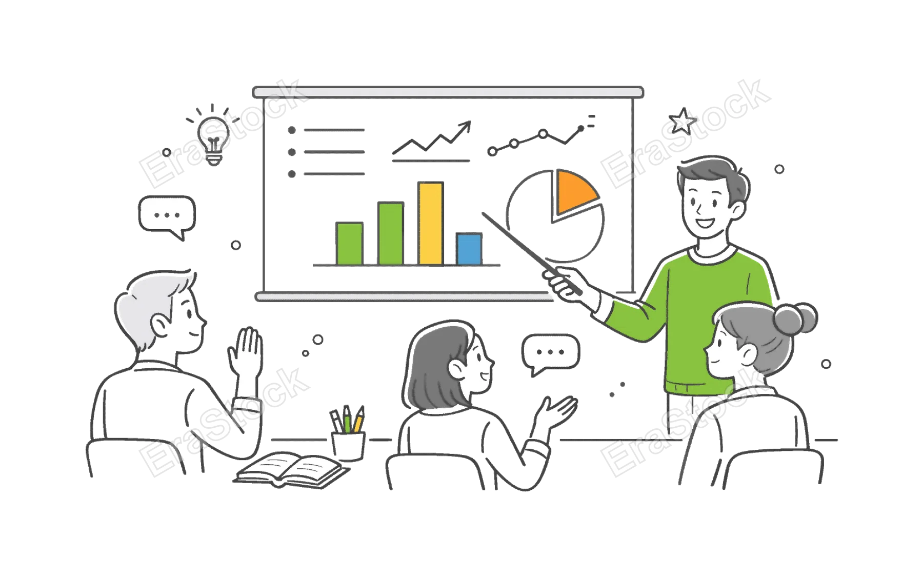 Educational digital presentation in a learning environment where a teacher or student explains concepts visually, depicted by a screen with simple charts and a pointer as