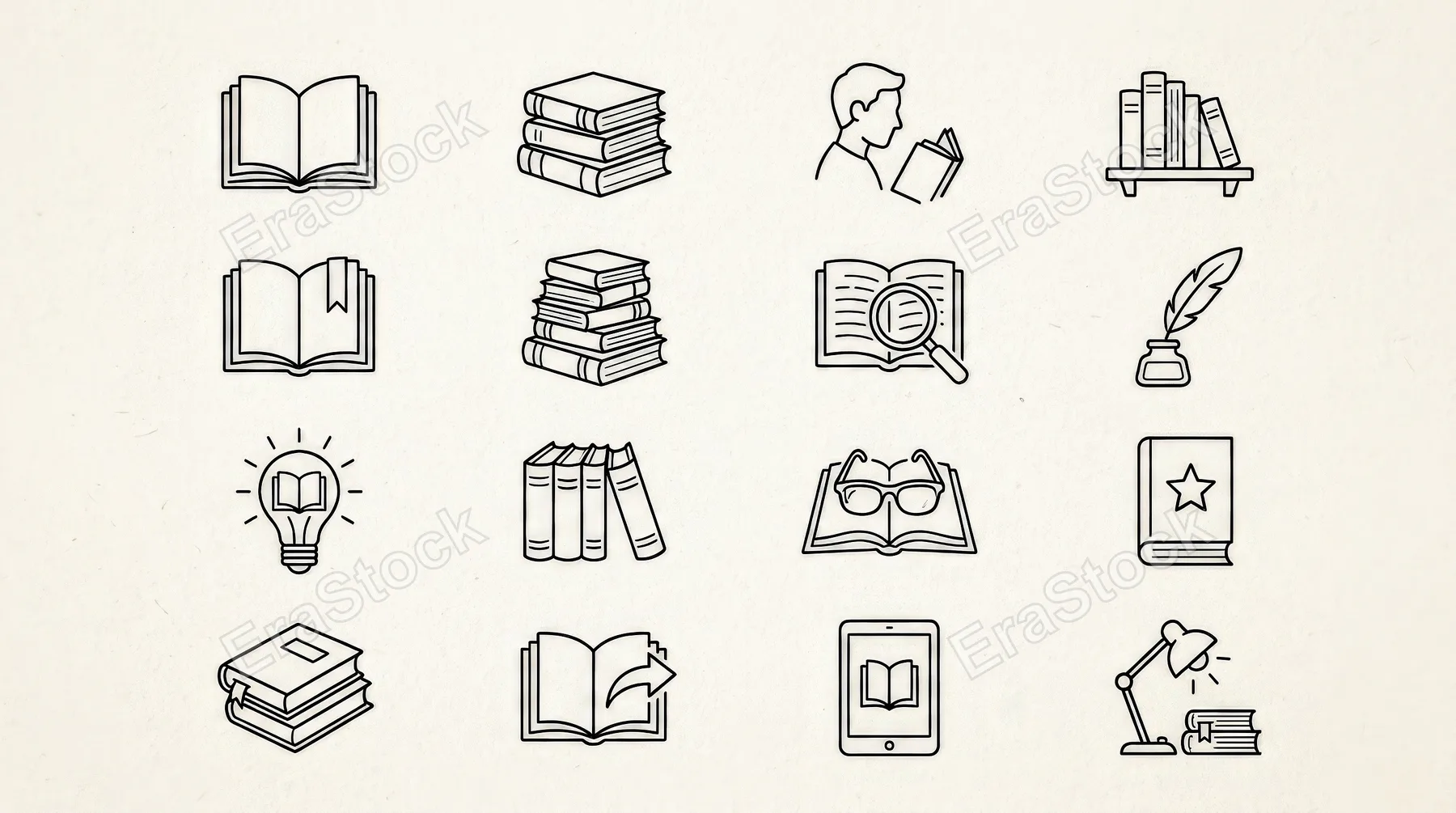 Book line icons with open books, stacked volumes and reading symbols in a monochrome drawing set, intellectual and minimal, ultra-realistic, no logos.