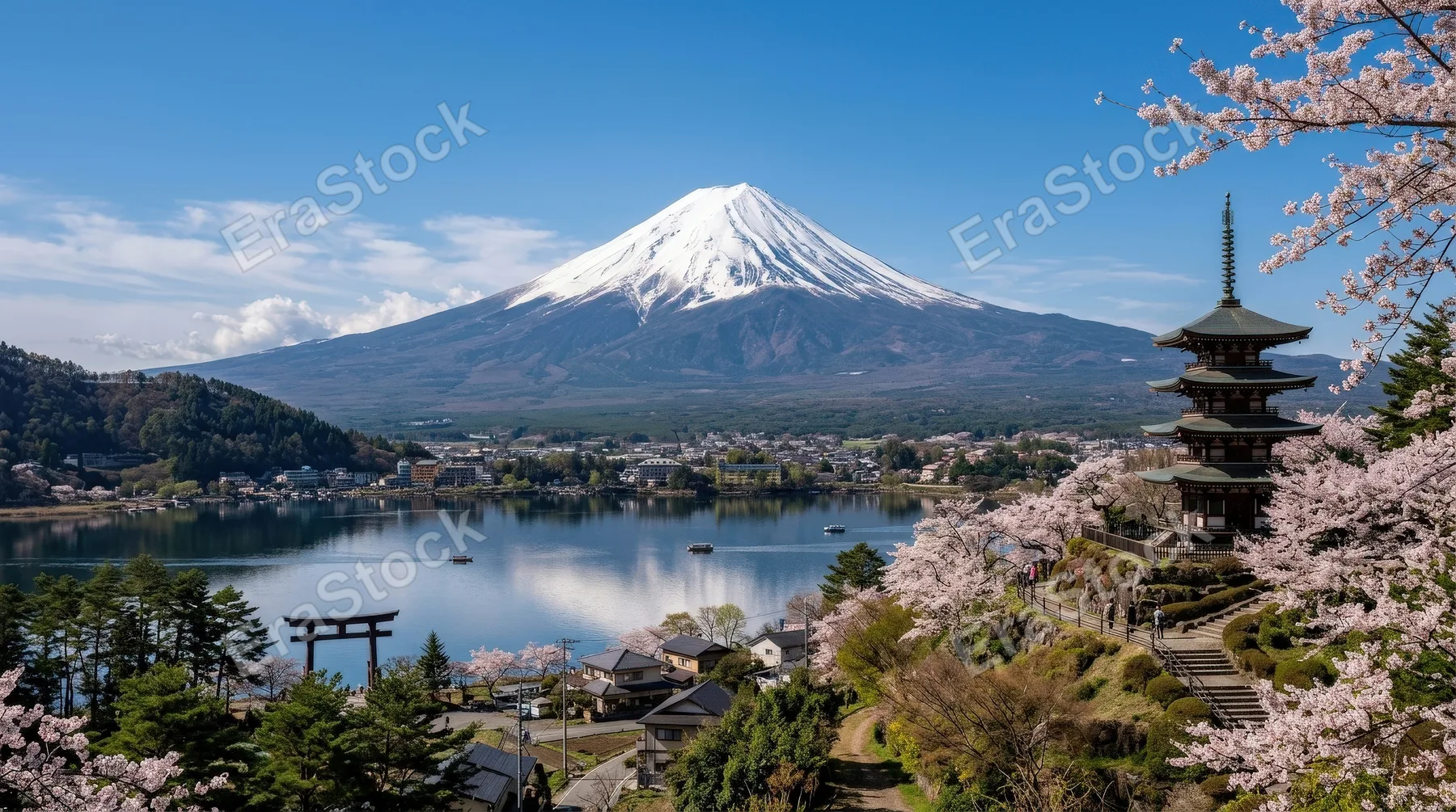Mount Fuji rising beautifully over Japan, serene composition, crisp peak, cultural landscape atmosphere, ultra-realistic, no logos.