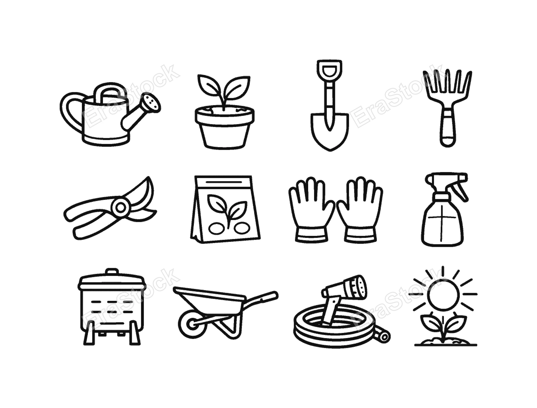 Gardening and plant care tools: watering can, flower pot with plant, garden shovel, hand rake, pruning shears, seed packet, garden gloves, spray bottle plant mister, compost bin