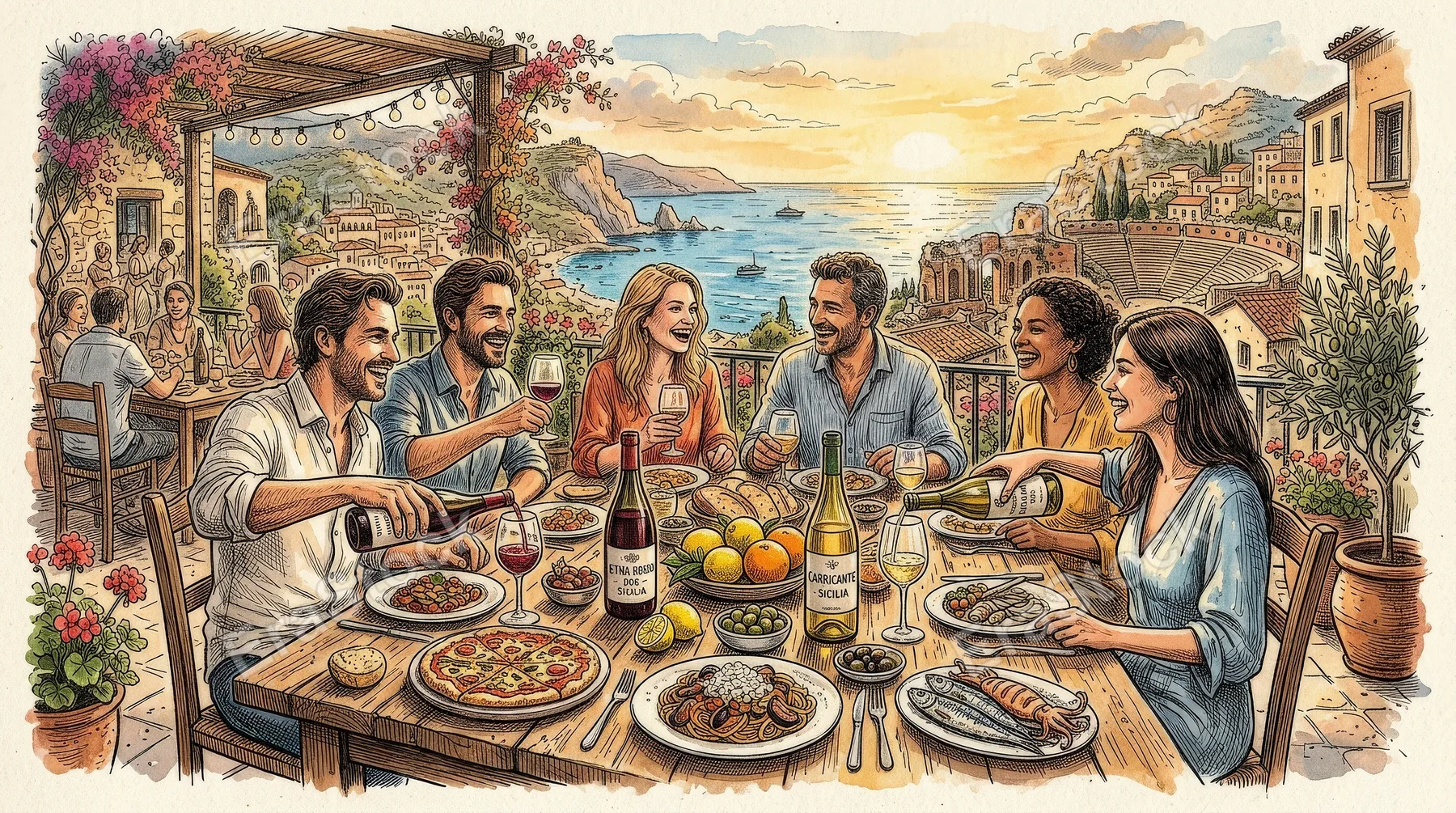 La dolce vita Italian Sicily-style food and wine sketches, hand-drawn ink linework and a sun-drenched leisurely dinner atmosphere, ultra-realistic, no logos.