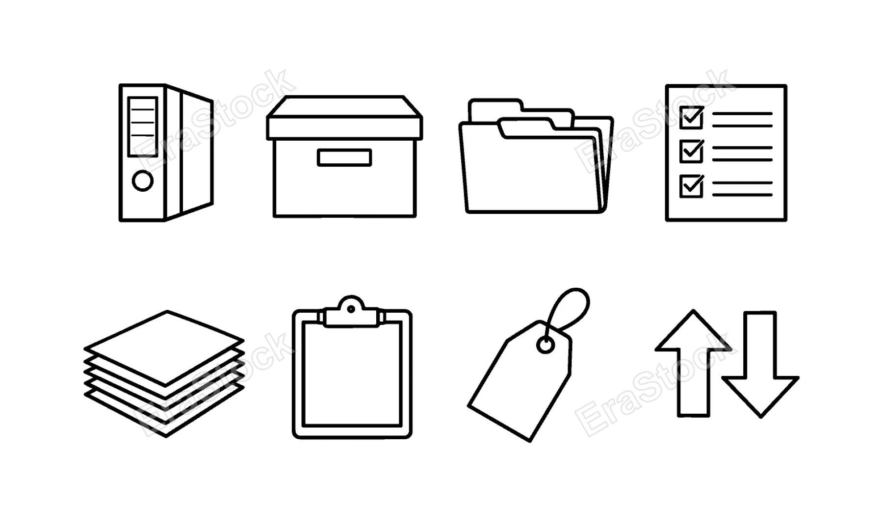 Document organization tools: binder, archive box, labeled tab, checklist document, paper stack, clipboard, tag label, sorting arrows.