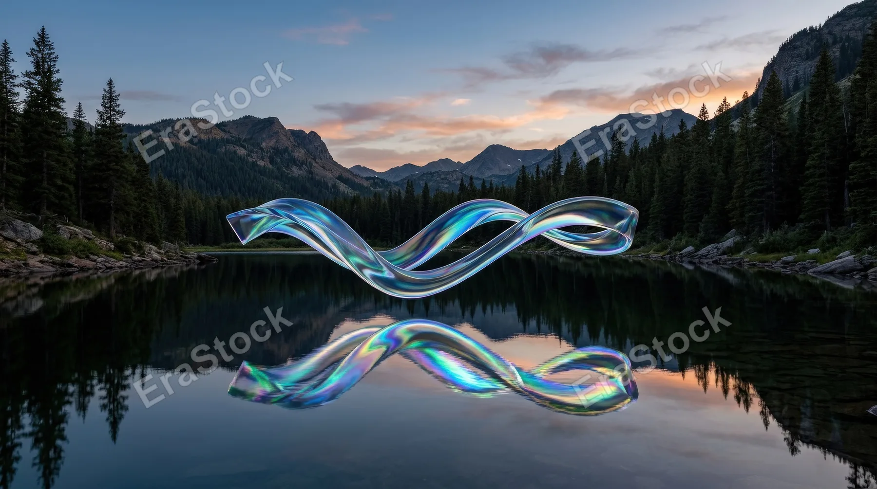 A nature landscape with a transparent glossy ribbon hovering above calm water, iridescent reflections, tranquil futuristic mood, ultra-realistic, no logos.