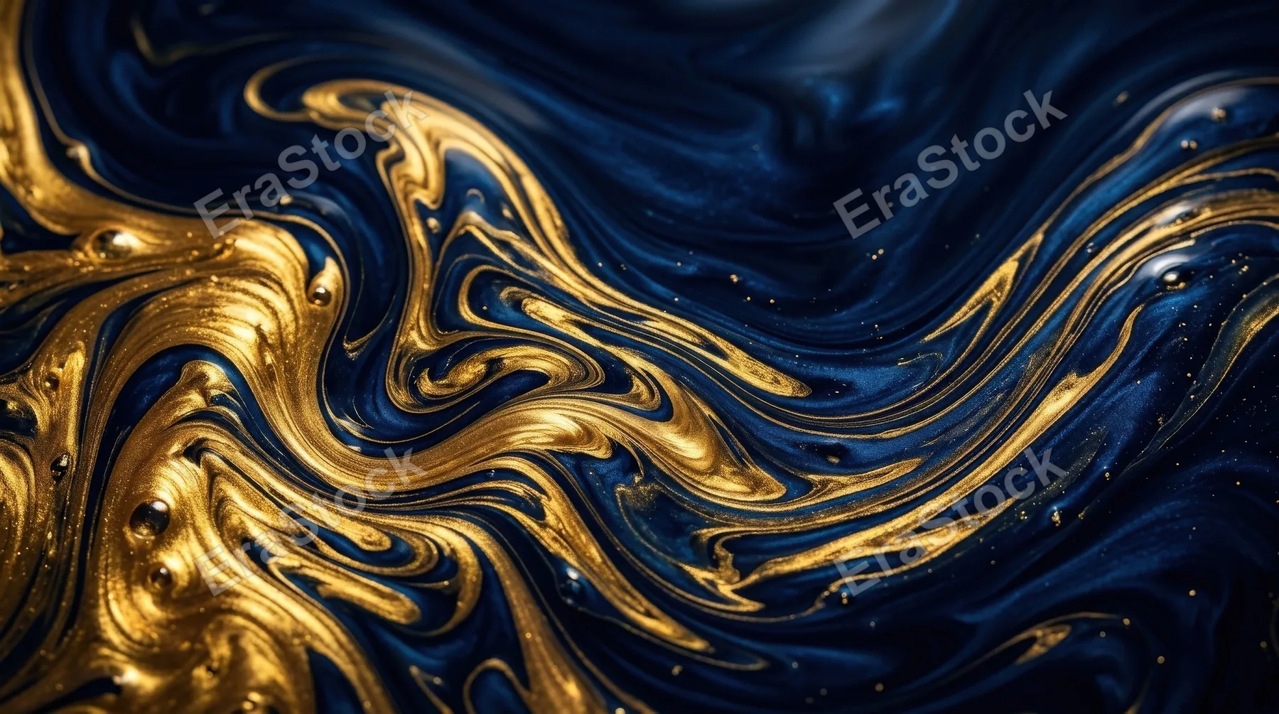 Deep blue and gold abstract fluid texture with luxurious liquid movement, rich contrast, premium elegant atmosphere, ultra-realistic, no logos.