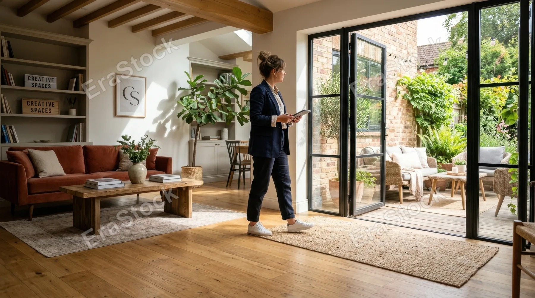 the designer stands from a low angle view in the living room, emphasizing the spaciousness and inviting atmosphere of the cozy rental patio, with branding elements subtly