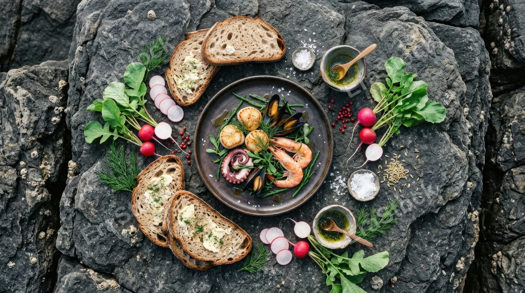 an overhead flat lay of the minimalist seafood dish on textured rocks, artistically composed with the artisan bread slices and radishes creating a delightful pattern