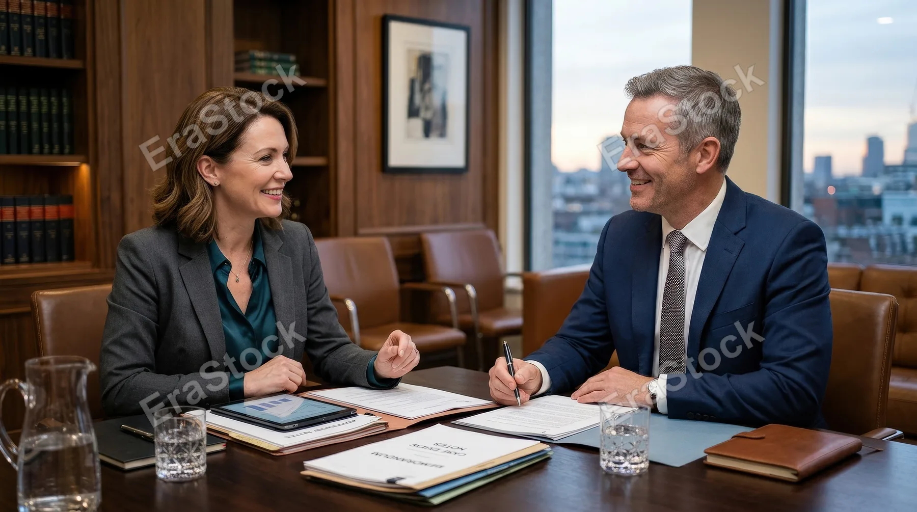 Smiling male and female law professionals sitting at a table during a meeting in an office board room, elegant surroundings, shared documents, approachable professional atmosphere, ultra-realistic, no