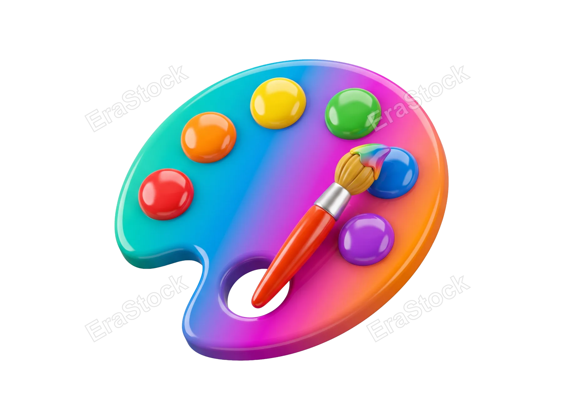 A 3D rendered artist's palette featuring a gradient of colors and a brush dipped in blue paint, symbolizing creativity and artistic expression
