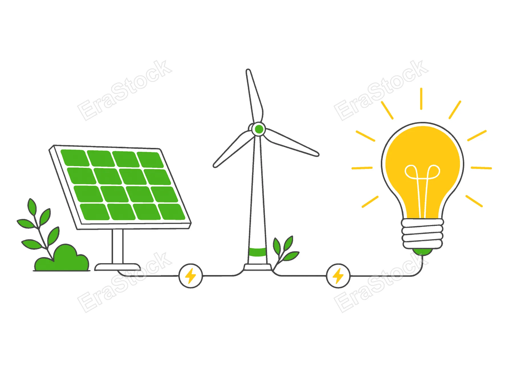 Illustration of solar panel and wind turbine connected to a glowing light bulb symbolizing clean energy generation and innovation