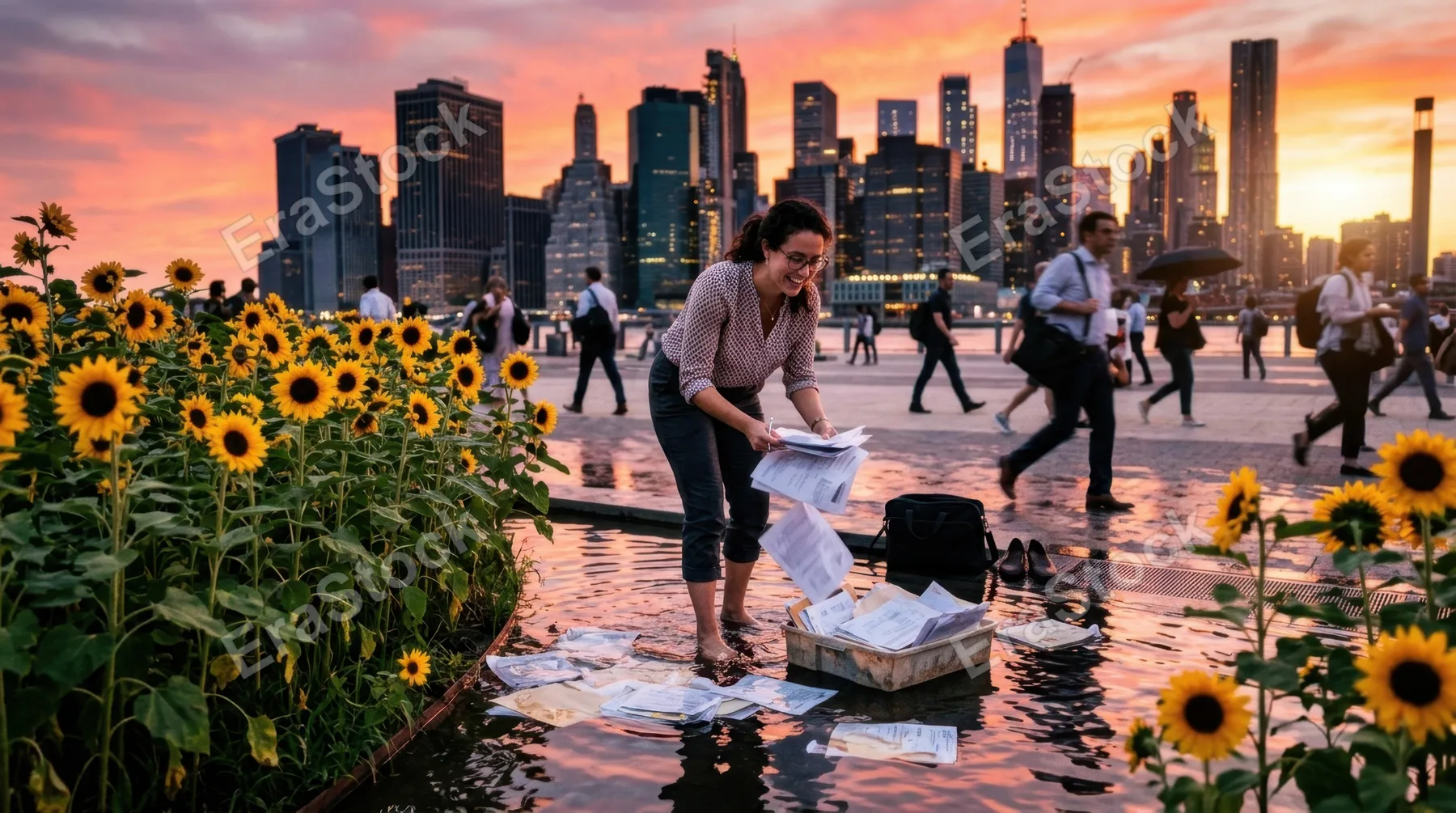 a whimsical office worker sifting through paperwork in shallow water, set in an outdoor cityscape bathed in fiery orange, soft pink, and dusky purple sunset colors. the