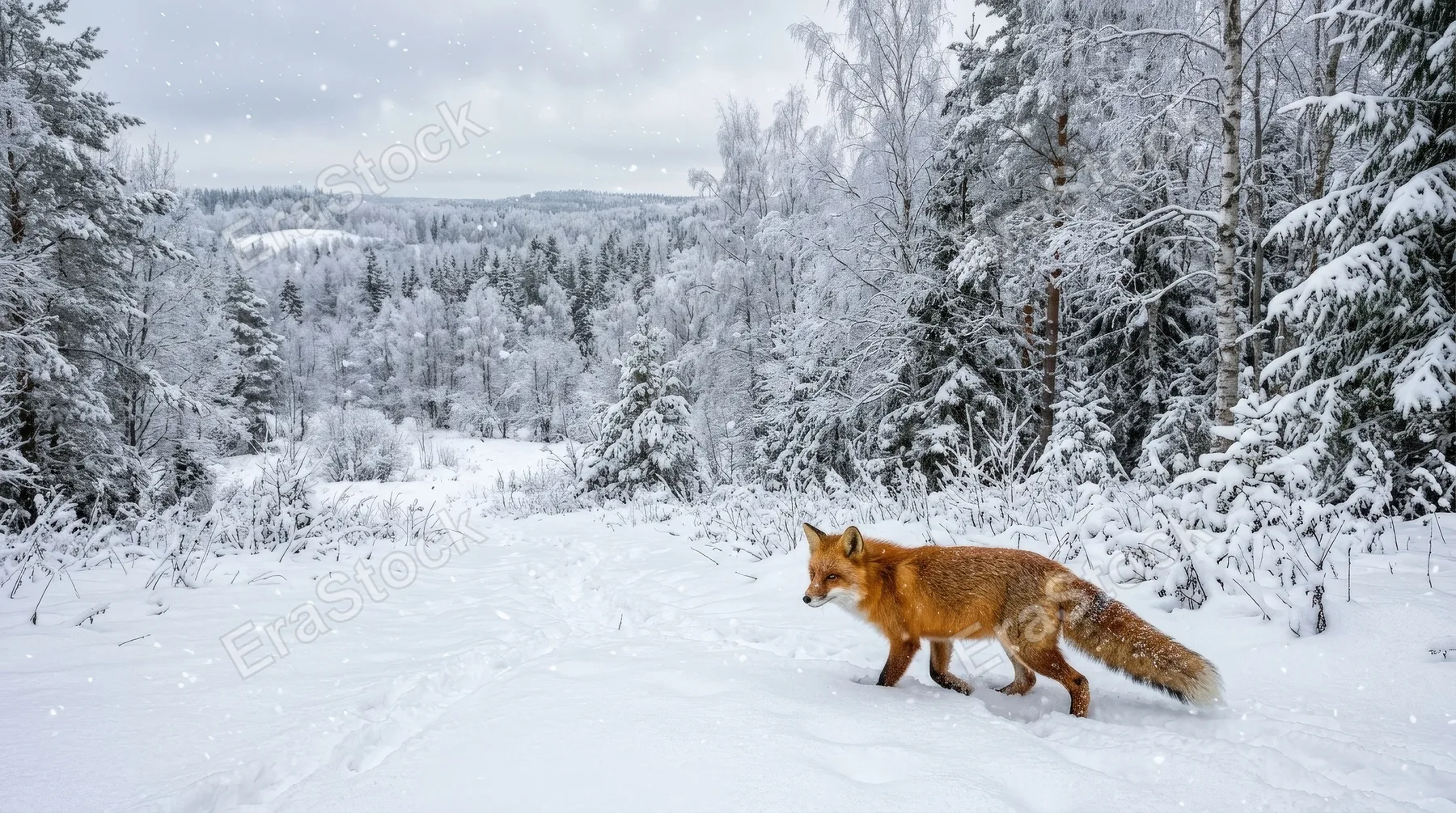 A winter panorama with a red fox in the snowy foreground, frosted trees, drifting snowflakes and quiet forest beauty, ultra-realistic, no logos.