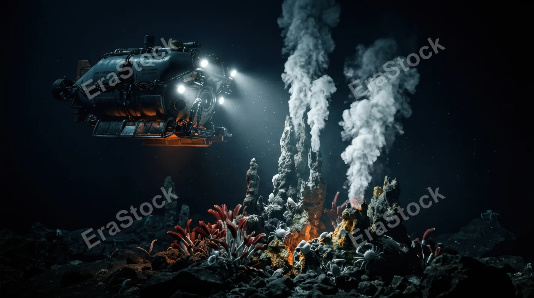 A deep-sea submersible hovering motionless above a hydrothermal vent field on the ocean floor, mineral chimneys exhaling billowing white plumes into pitch-black water,