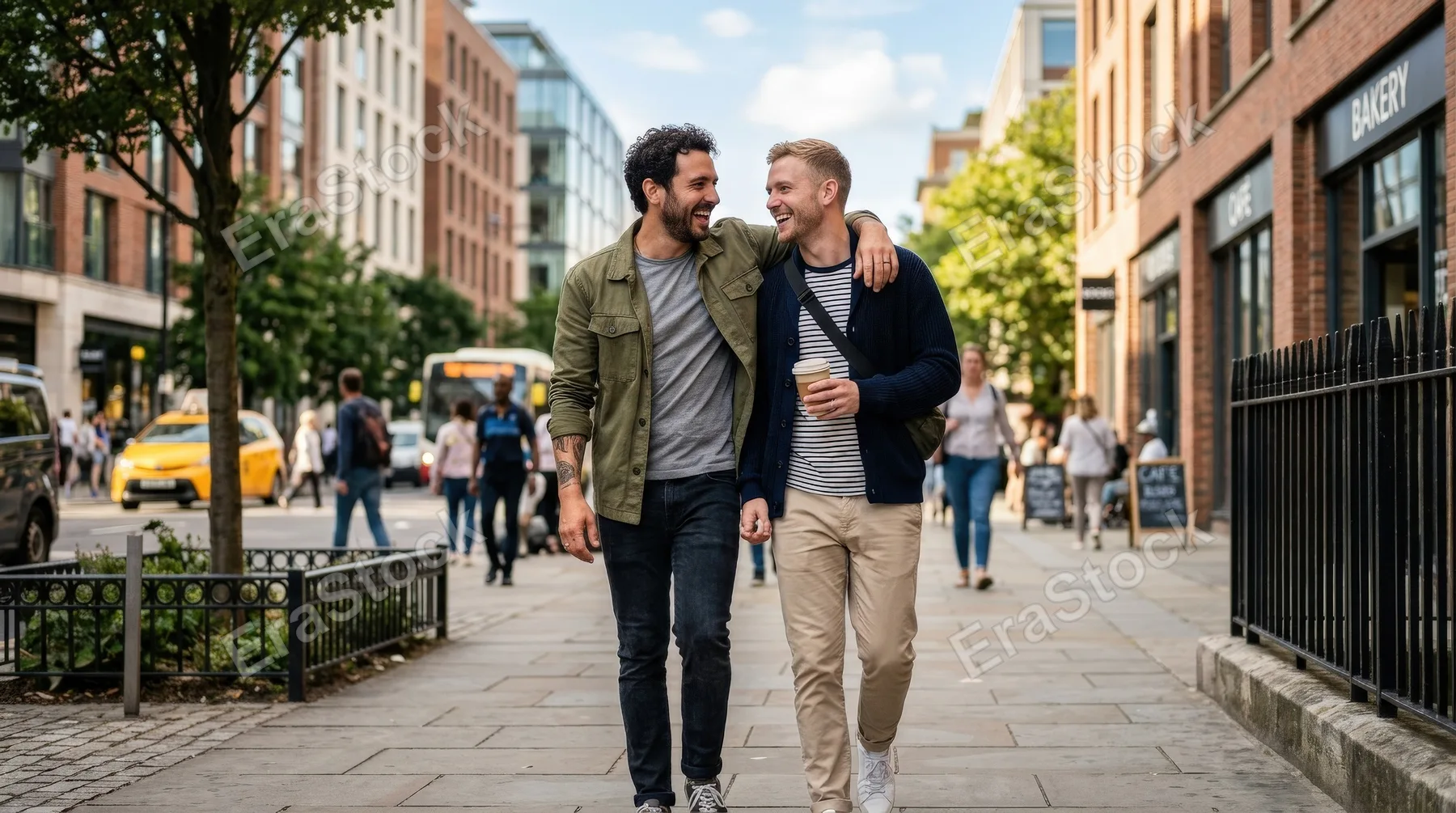 A casual moment shared by a gay couple on a sunny urban street, relaxed smiles, modern city backdrop, warm daylight, natural affection and ease, ultra-realistic, no logos.