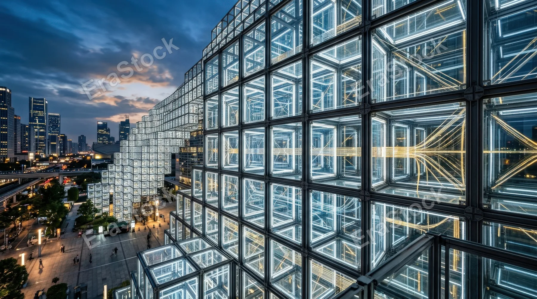 A structured grid of glass panels assembled into a futuristic lattice, square translucent modules symbolizing connectivity and scalable systems, ultra-realistic, no logos.