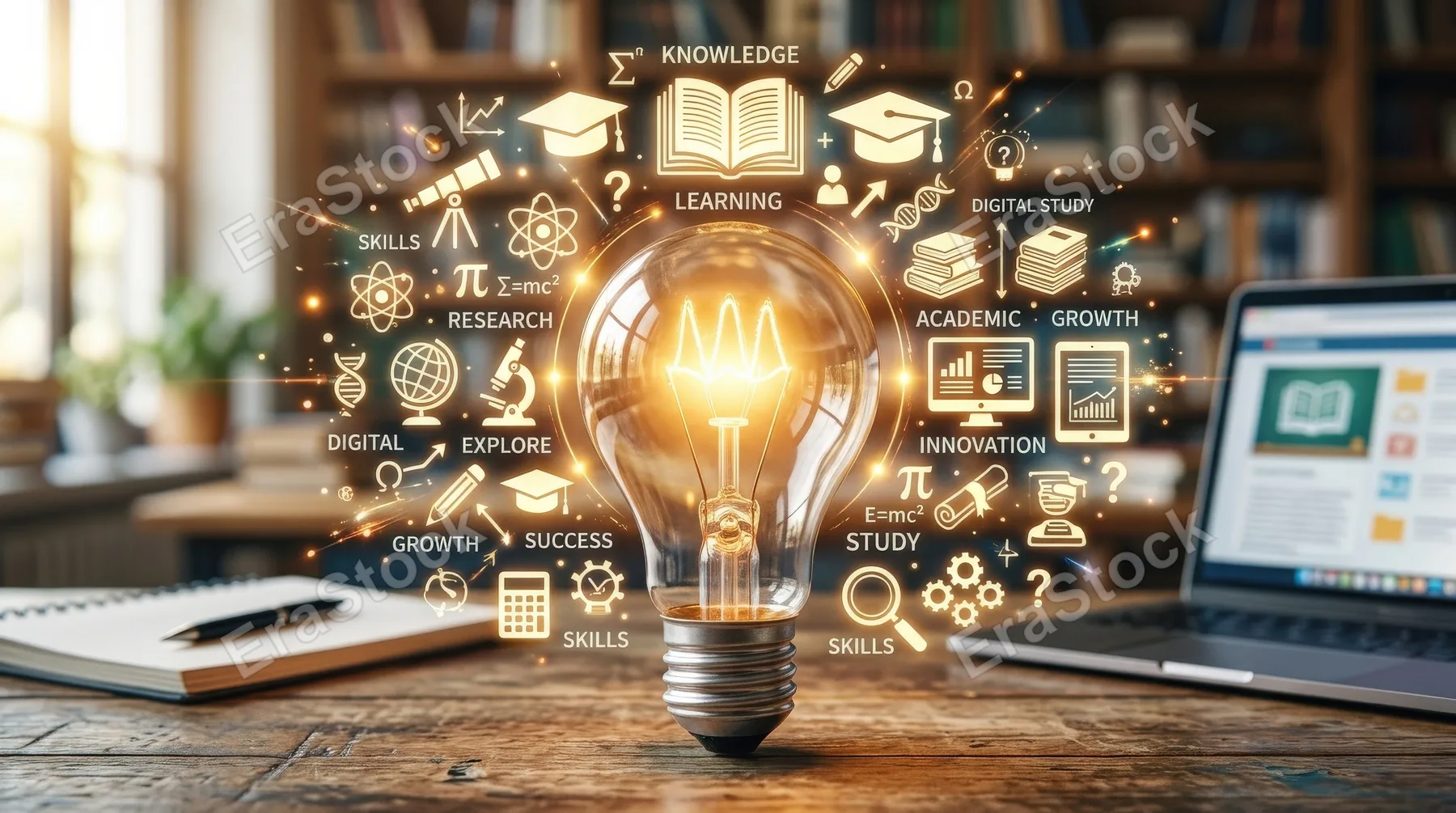 A glowing light bulb surrounded by education and learning icons, digital study symbols, research graphics and academic cues, bright inspiring e-learning atmosphere, ultra-realistic, no logos.