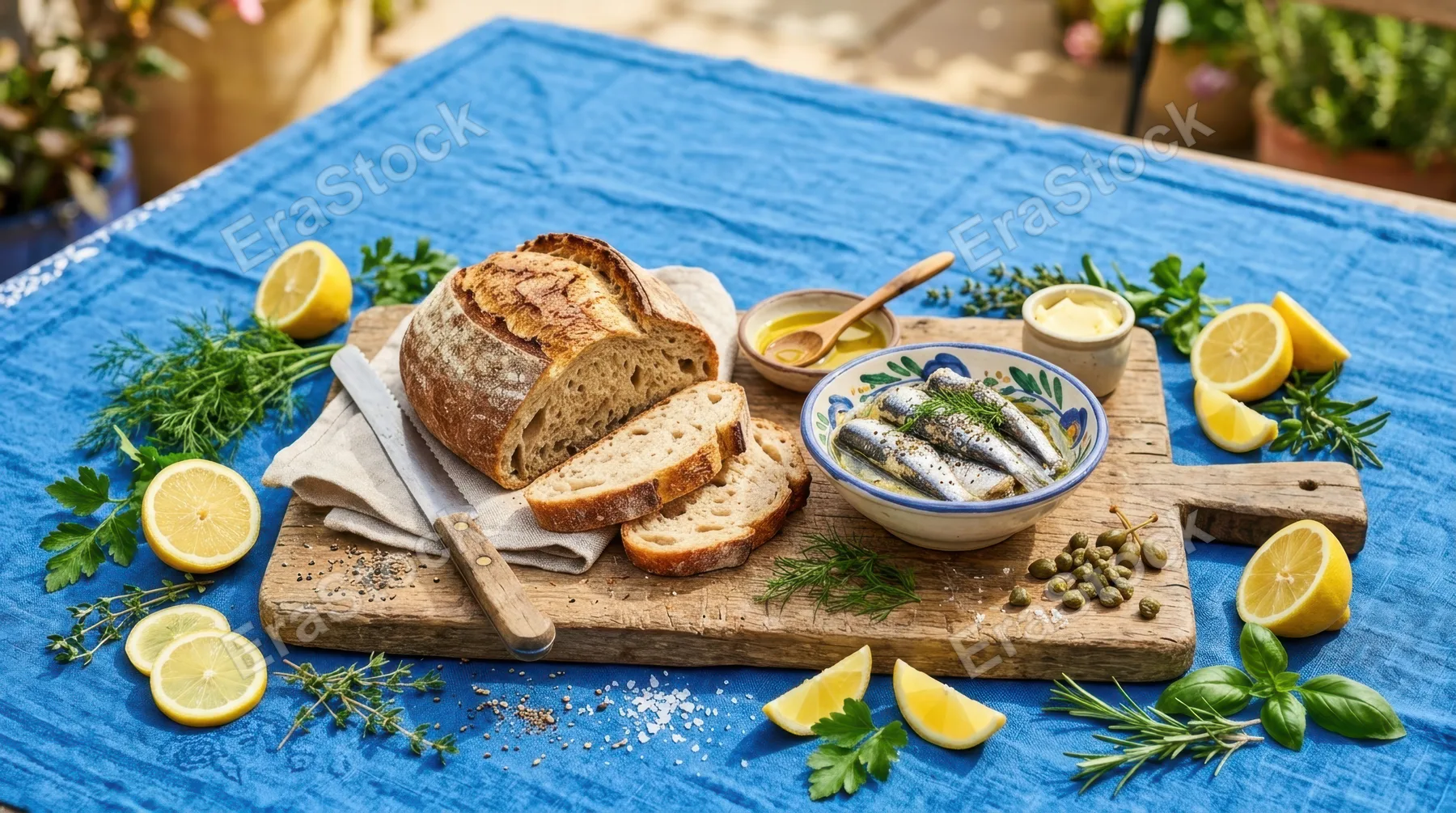 a graphic commercial composition featuring the rustic wooden board with the loaf of bread and sardines prominently at the center, surrounded by scattered lemon slices and