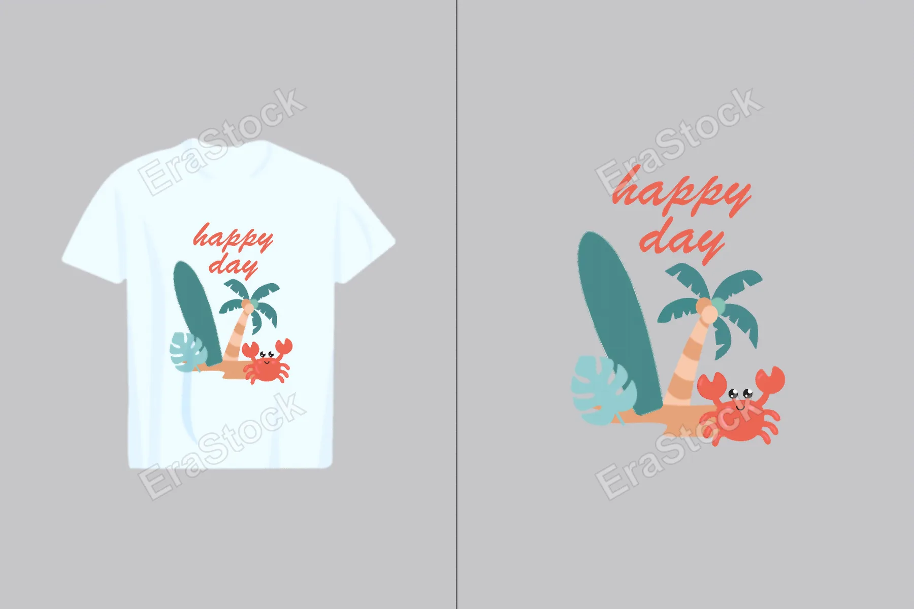 A cheerful crab, surfboard, and palm tree illustration evokes a fun summer vacation vibe
