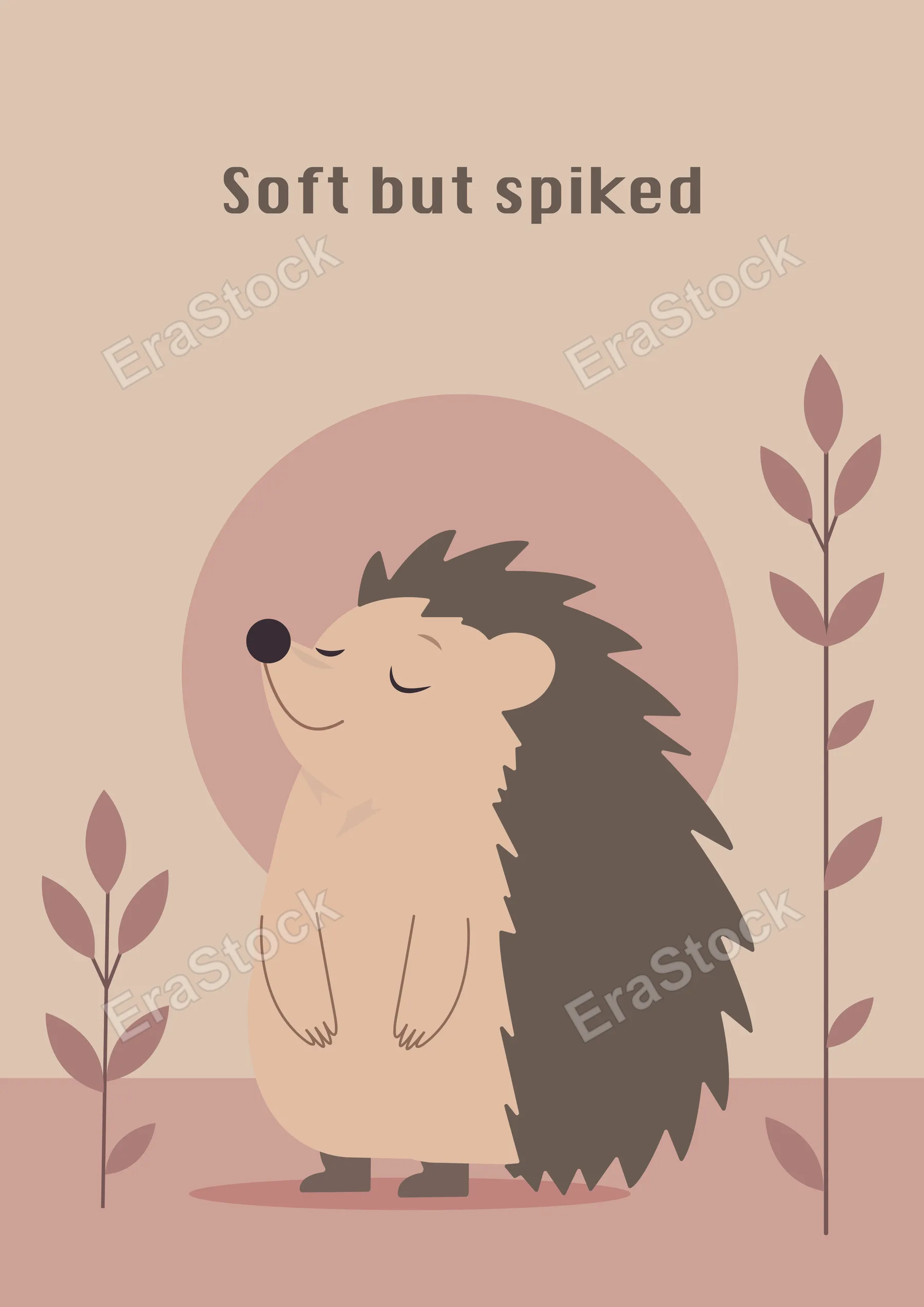 A charming illustration of a contented hedgehog, featuring a minimalist design with muted pastel tones and botanical accents