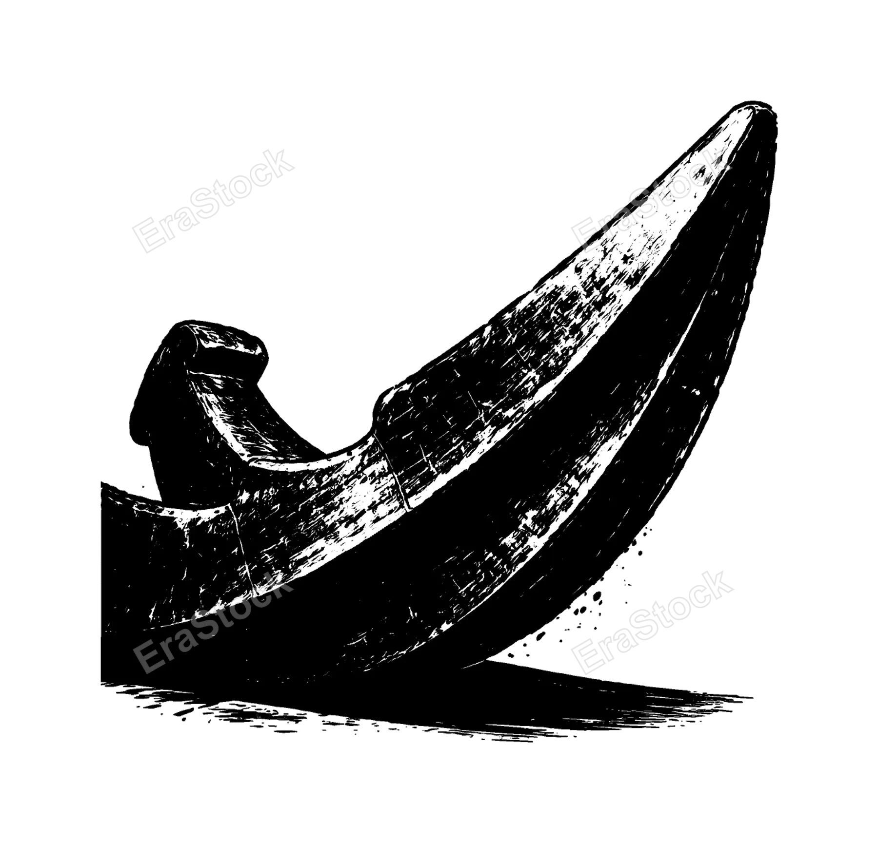 A massive iron anchor fluke tip shown in a dramatic three-quarter close view, enlarged to dominate the frame as a sharp curved industrial form on a clean white background