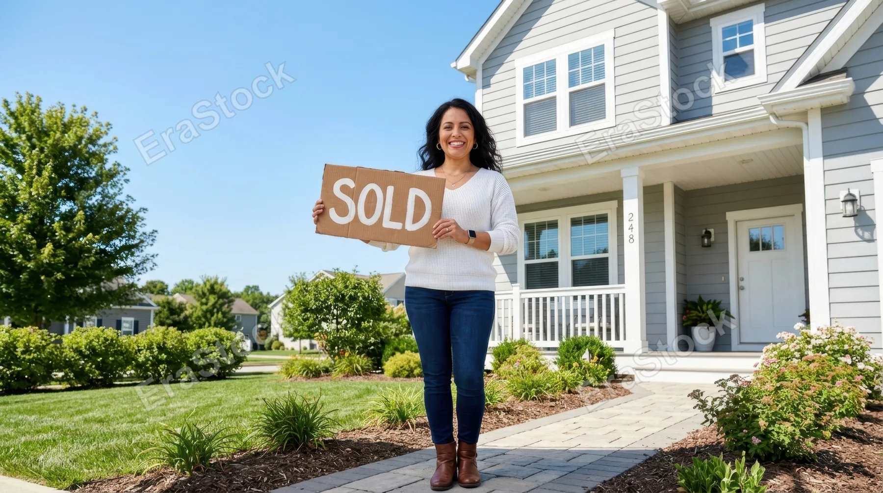 in a graphic commercial composition, a 38-year-old hispanic female homebuyer stands confidently outside her newly bought light gray house, holding a sold sign against a