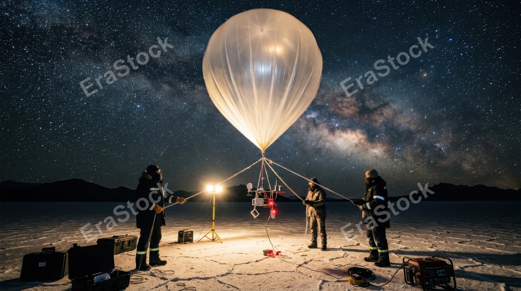 A night launch of a high-altitude weather balloon from a remote salt flat, the balloon at half-inflation towering six meters overhead catching portable floodlight, a team