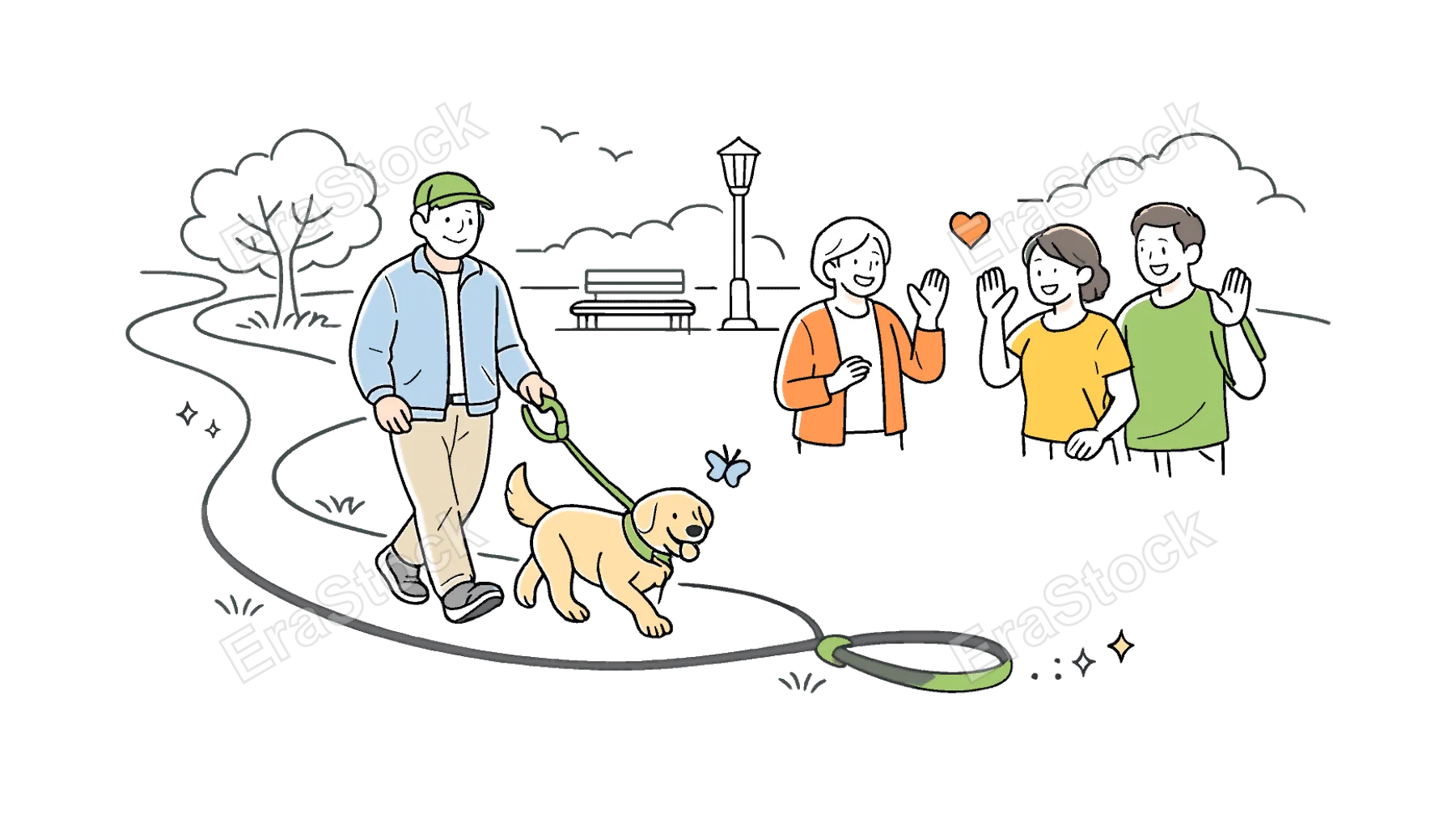 Healthy aging lifestyle scene where a grandfather walks his loyal dog through a peaceful park environment while neighbors greet each other nearby, a dog leash and a park path