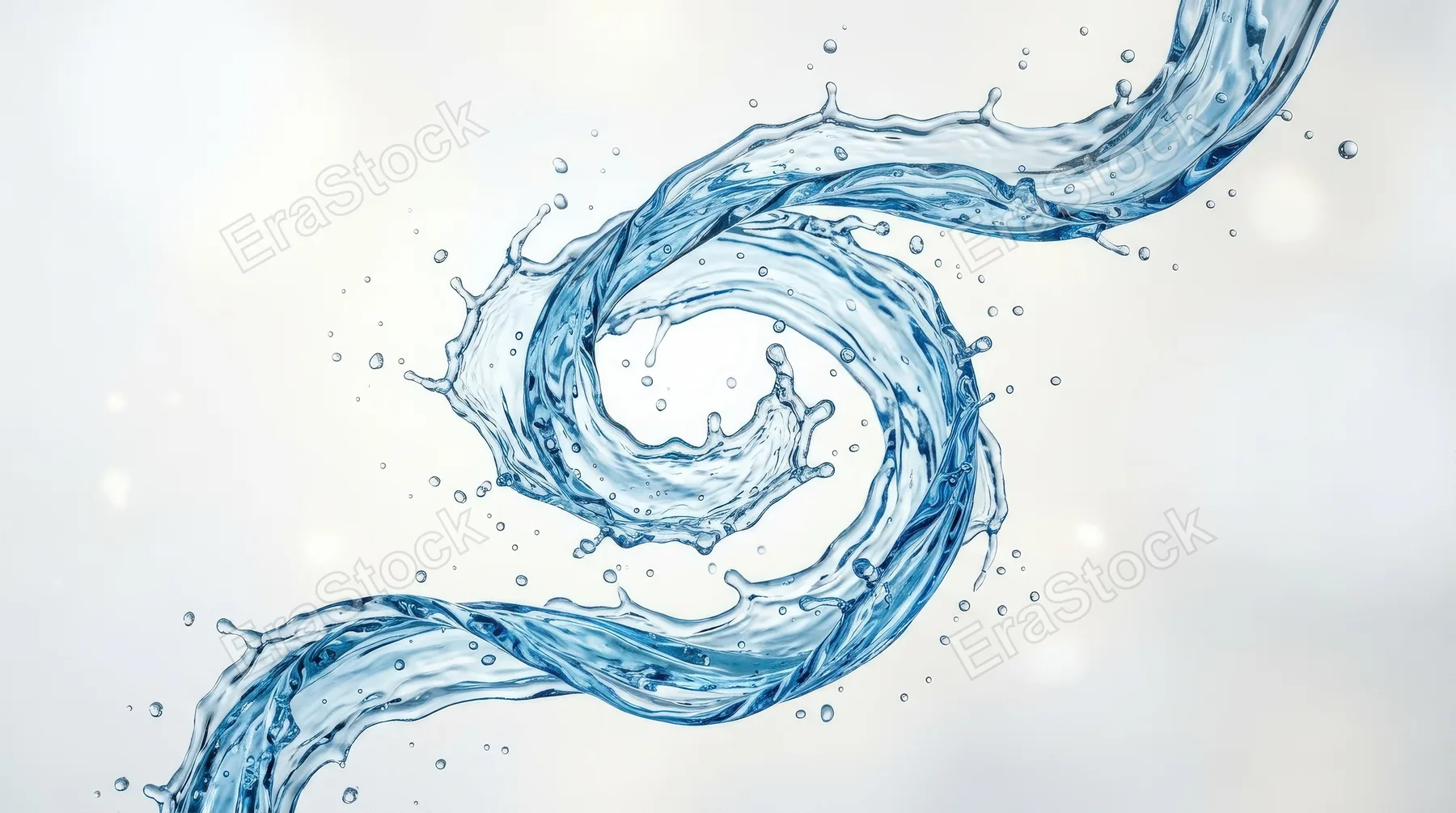 An abstract swirling splash of clear blue water or serum on a light background, elegant liquid motion, hydrating purity and refined beauty-health atmosphere, ultra-realistic, no logos.
