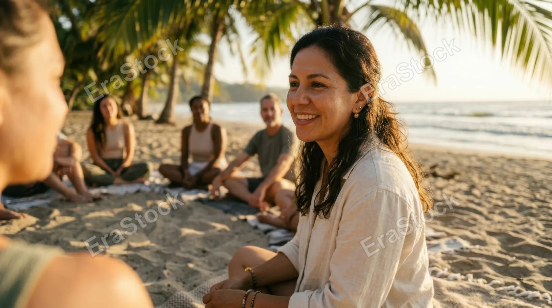 a close-up view of the 34-year-old hispanic female wellness advocate gently smiling while engaging with her participants during the group reflection on the beach