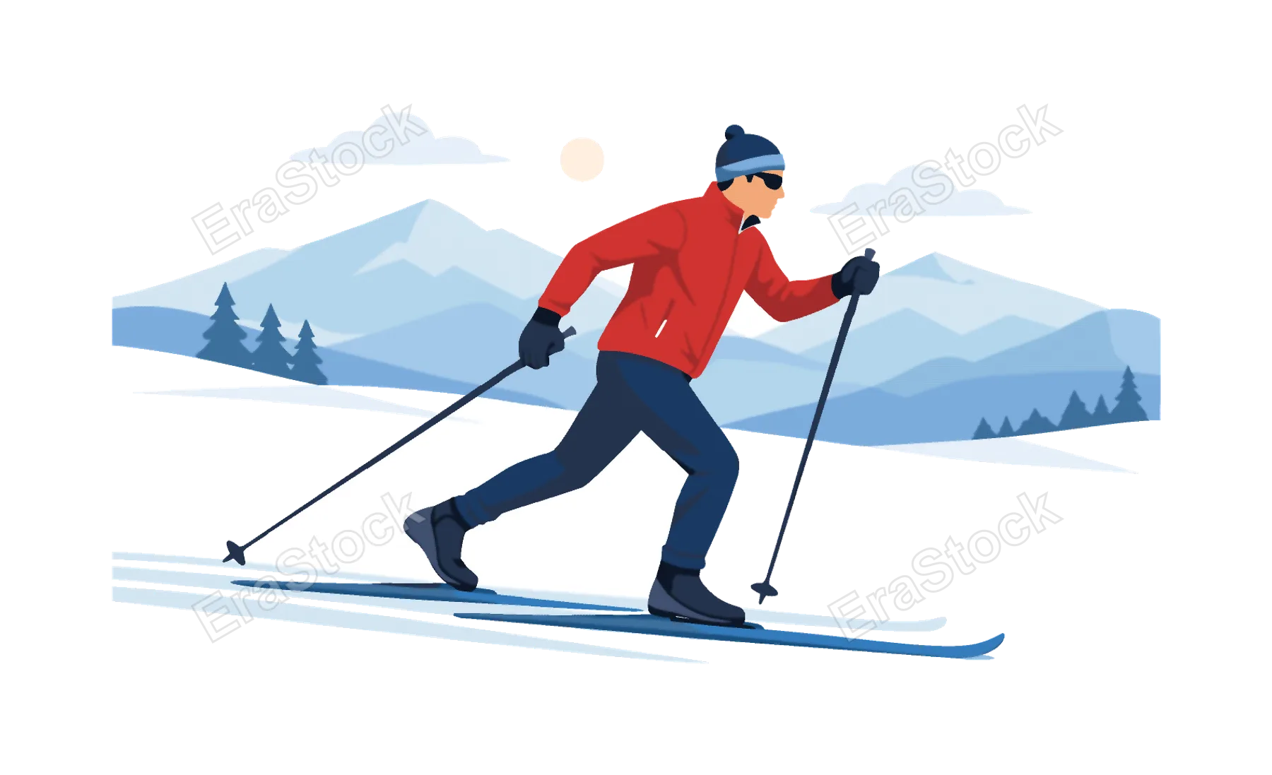 Winter sports activity and outdoor fitness during a cross country skiing session, a skier moving smoothly across a snowy trail using long poles while soft mountain silhouettes