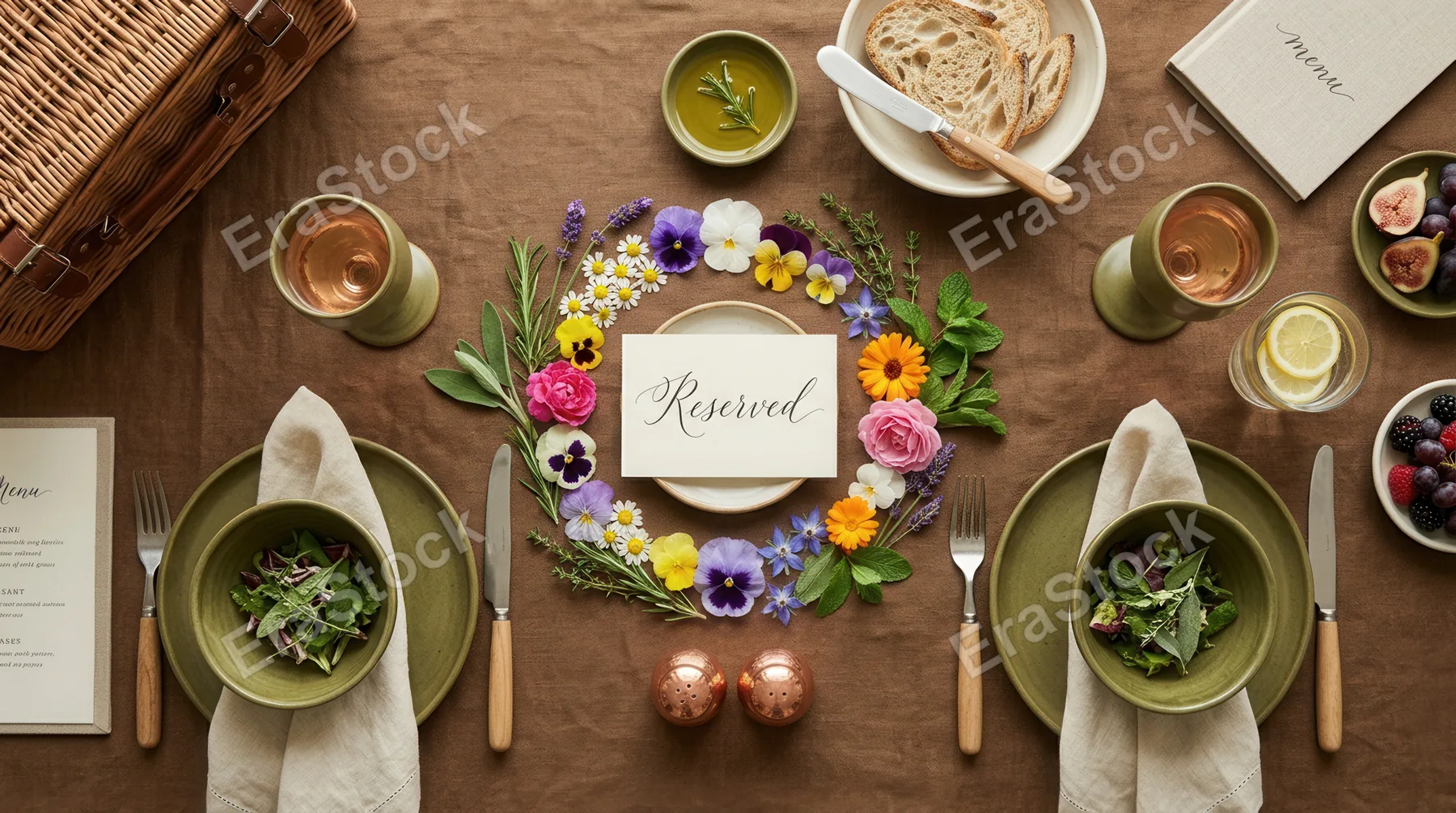 an overhead view of a beautifully arranged picnic setup with the place card at the center, surrounded by colorful garnishes like edible flowers and herbs on the rustic