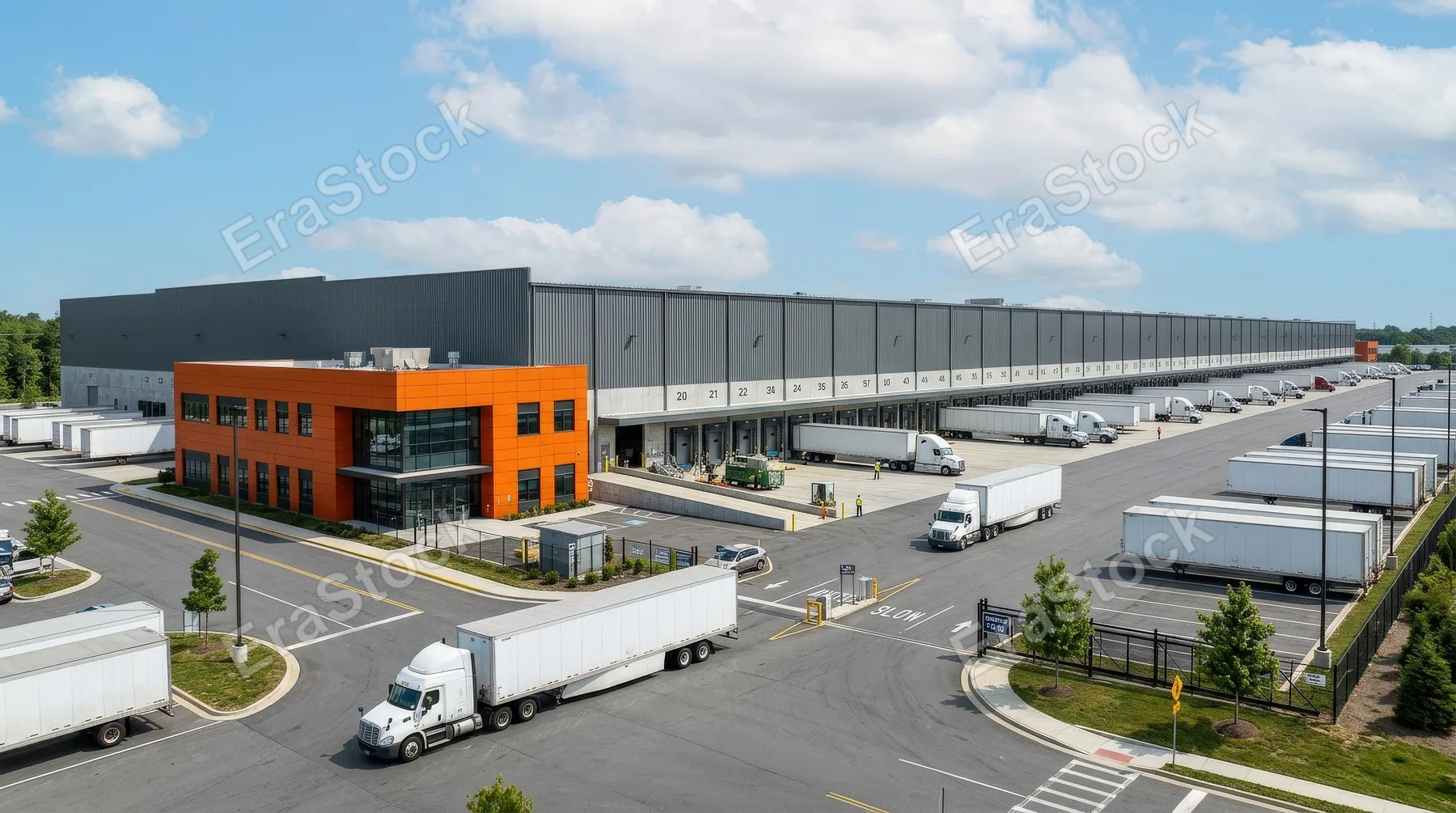 A modern industrial warehouse with loading docks and an orange office facade, broad logistics campus, sharp architectural lines, bright sky, atmosphere of organized distribution and scale,