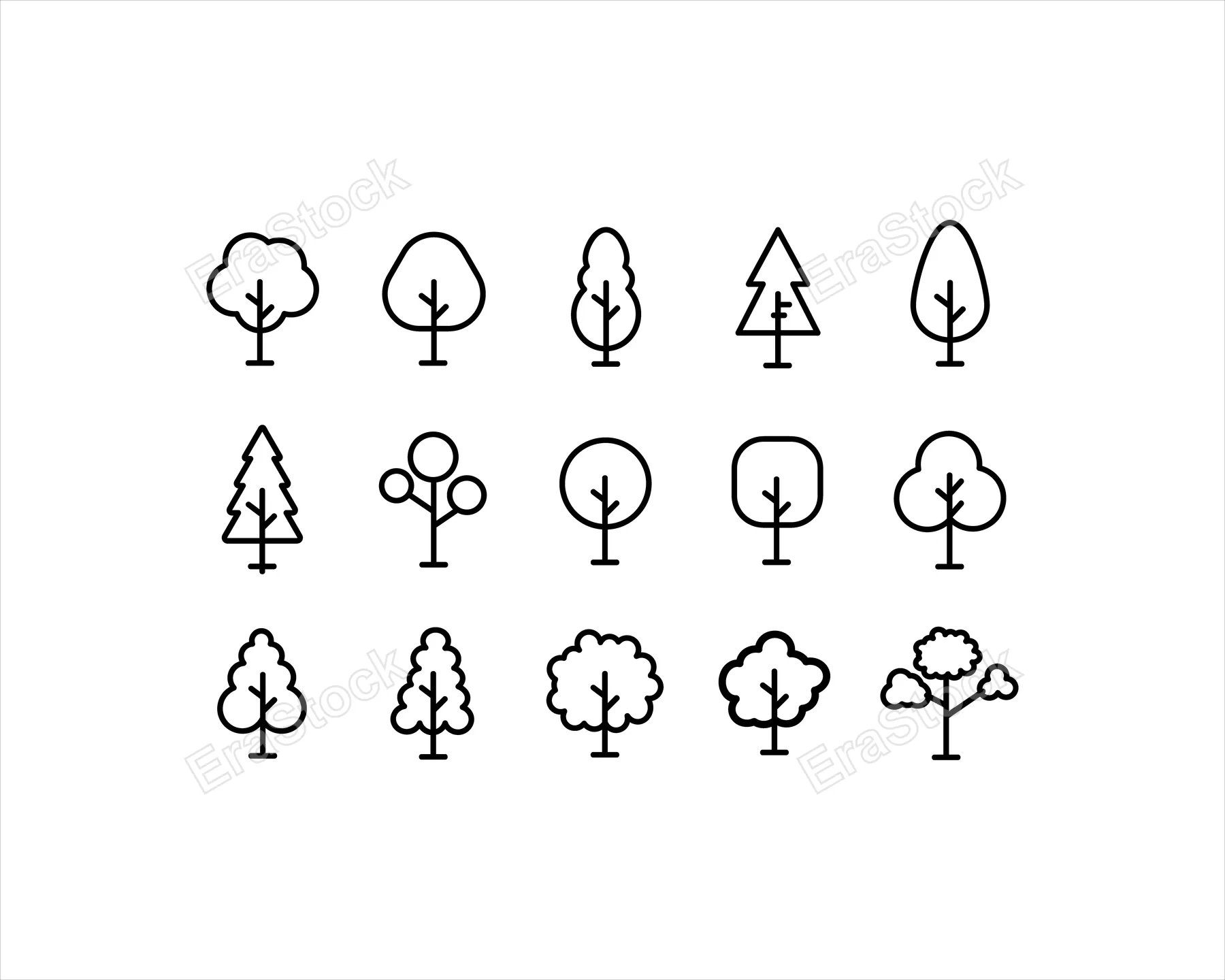 A set of minimalist, outline drawings showcasing different types of trees, perfect for graphic design elements