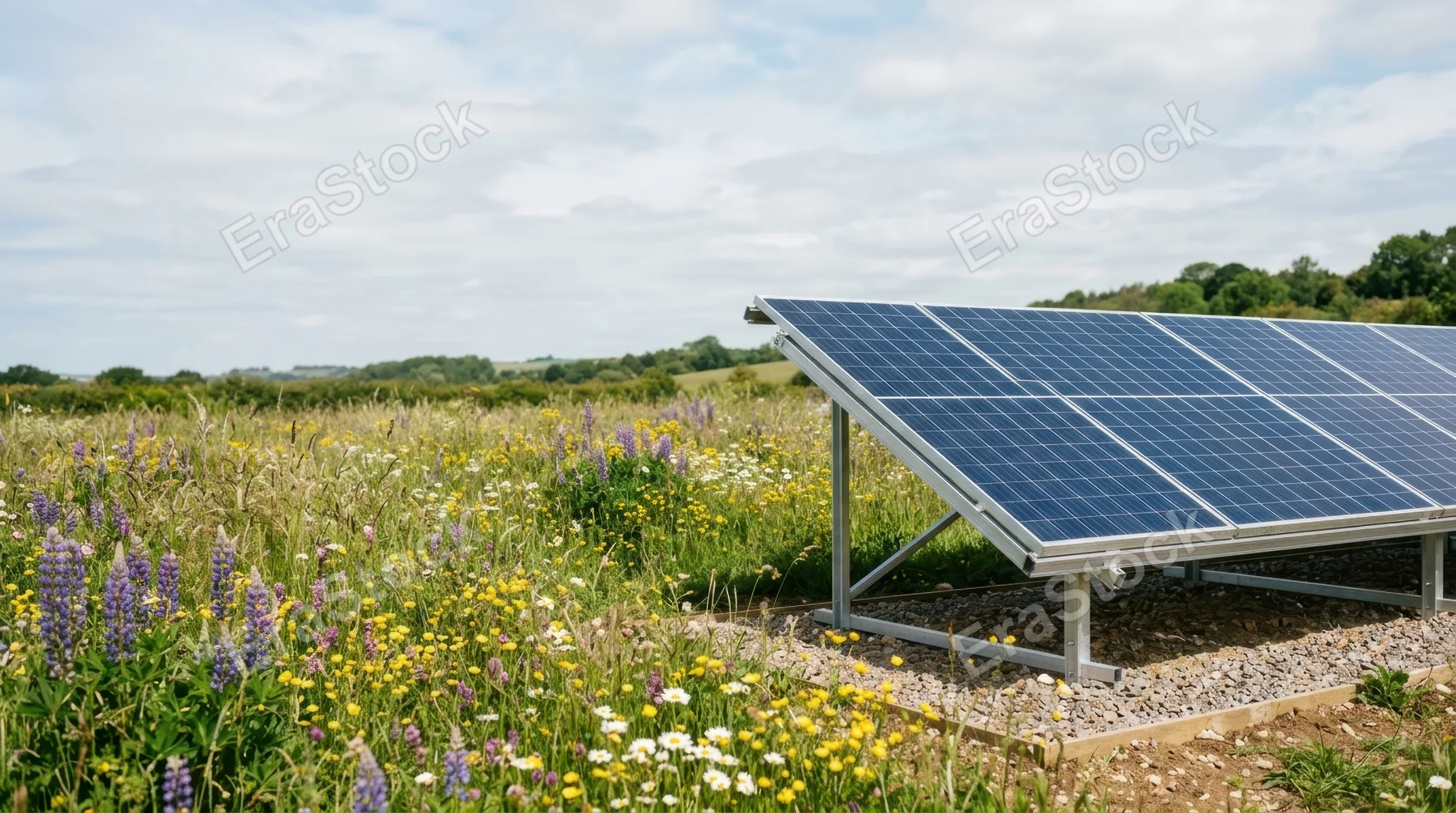 a bold, clean composition of solar panels set against a background of wildflowers and tall grasses. the layout allows for strong negative space on one side for potential