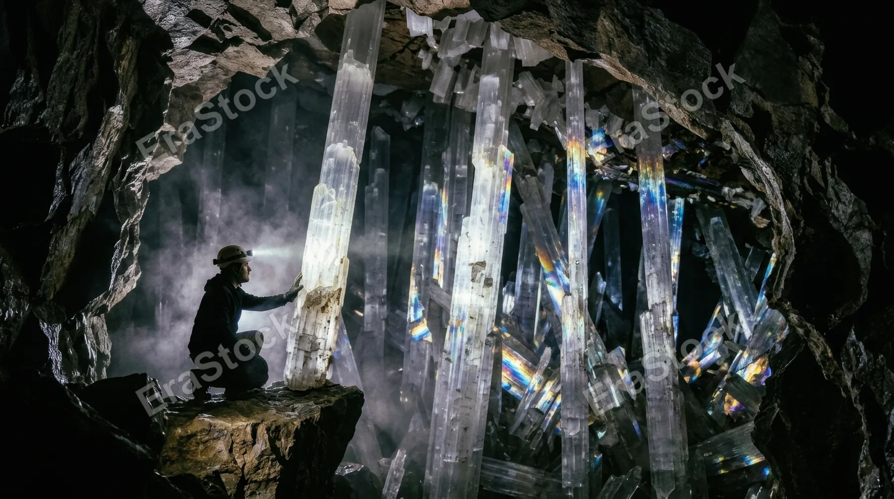 A deep cave system at the moment a spelunker's headlamp beam first hits an undiscovered crystal chamber, thousands of selenite columns rising floor to ceiling like frozen