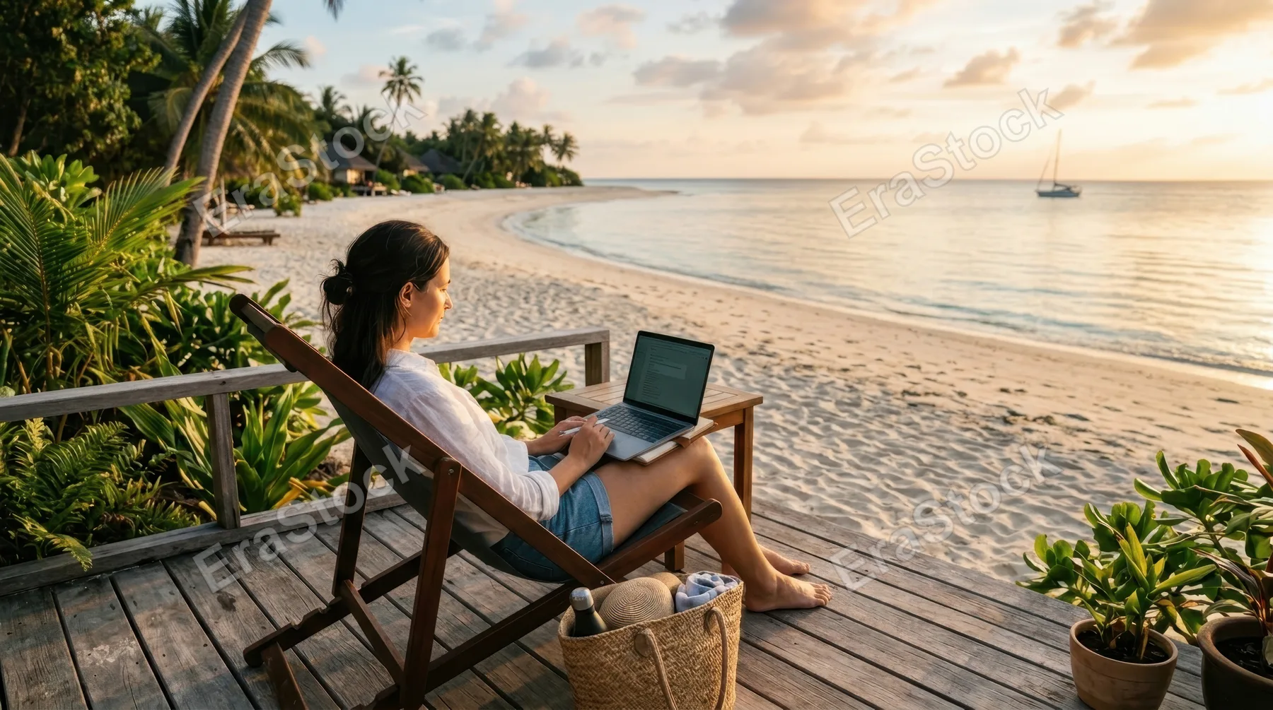 Remote worker sitting on a wooden deck chair facing the shoreline, notebook and wireless keyboard on lap, sandy beach stretching behind with minimal structures, golden