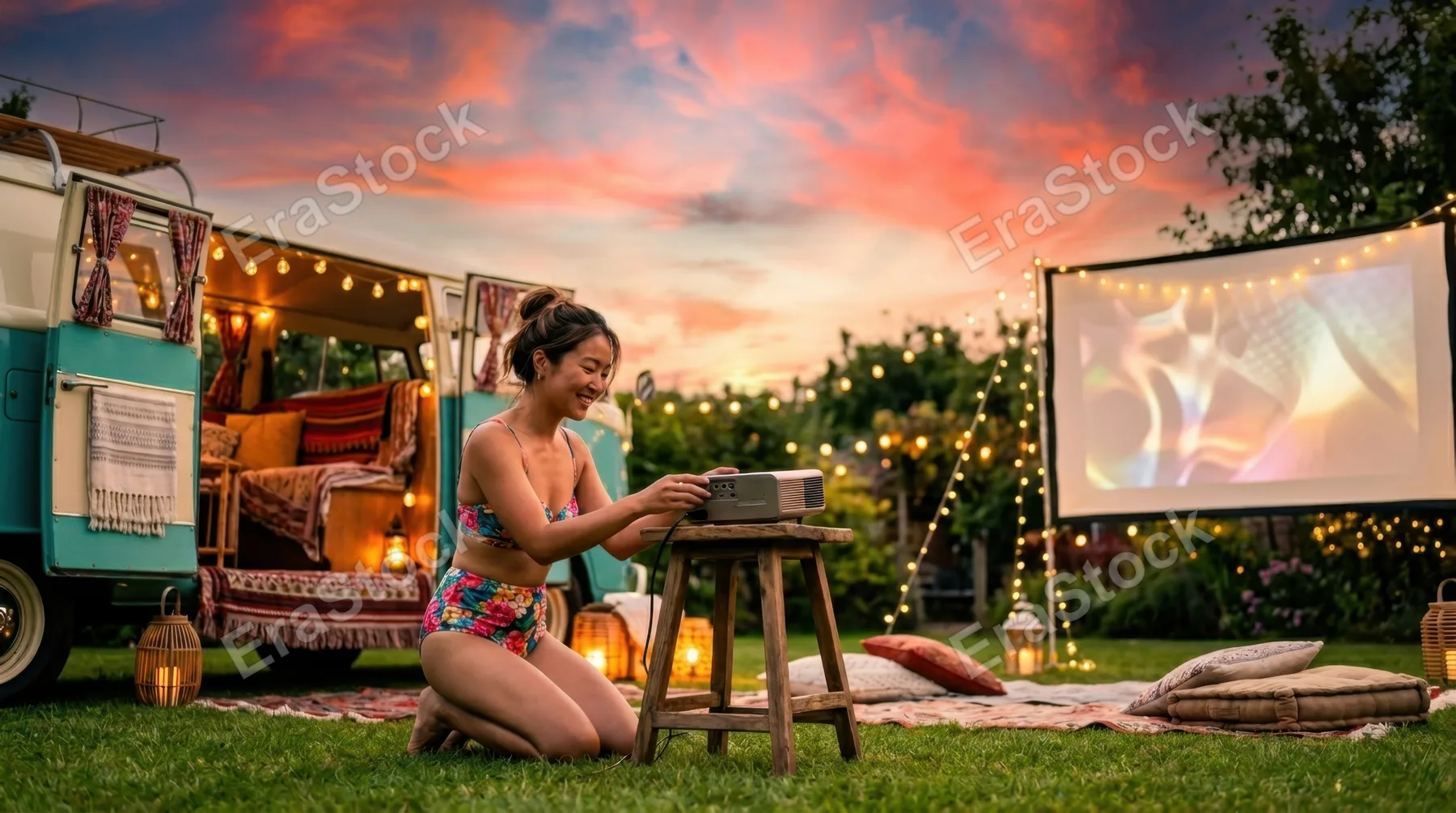a bold, graphic composition of the backyard cinematic setup featuring the open campervan against the vibrant sunset. the asian female host is adjusting the projector in