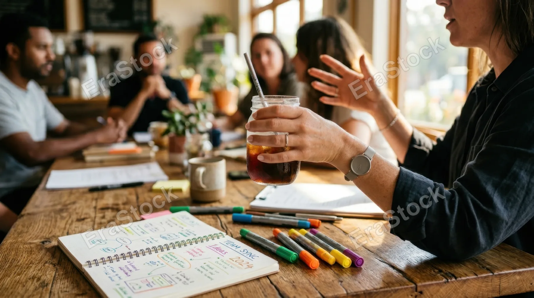 a close-up detail of the team leader's hand holding a cold brew while she animatedly gestures during conversation, surrounded by colorful markers and notepads on a rustic