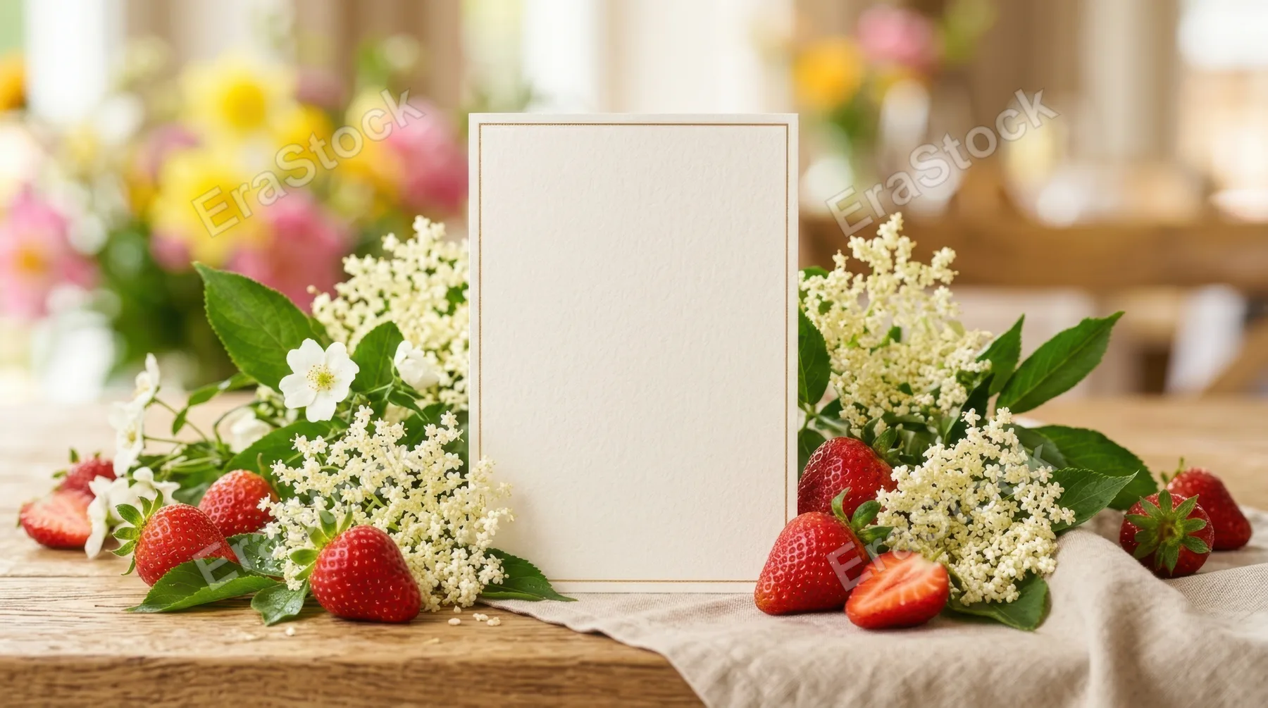 a graphic commercial composition featuring the elegantly styled blank menu card surrounded by fresh elderflower and strawberries, with a minimalistic design emphasizing