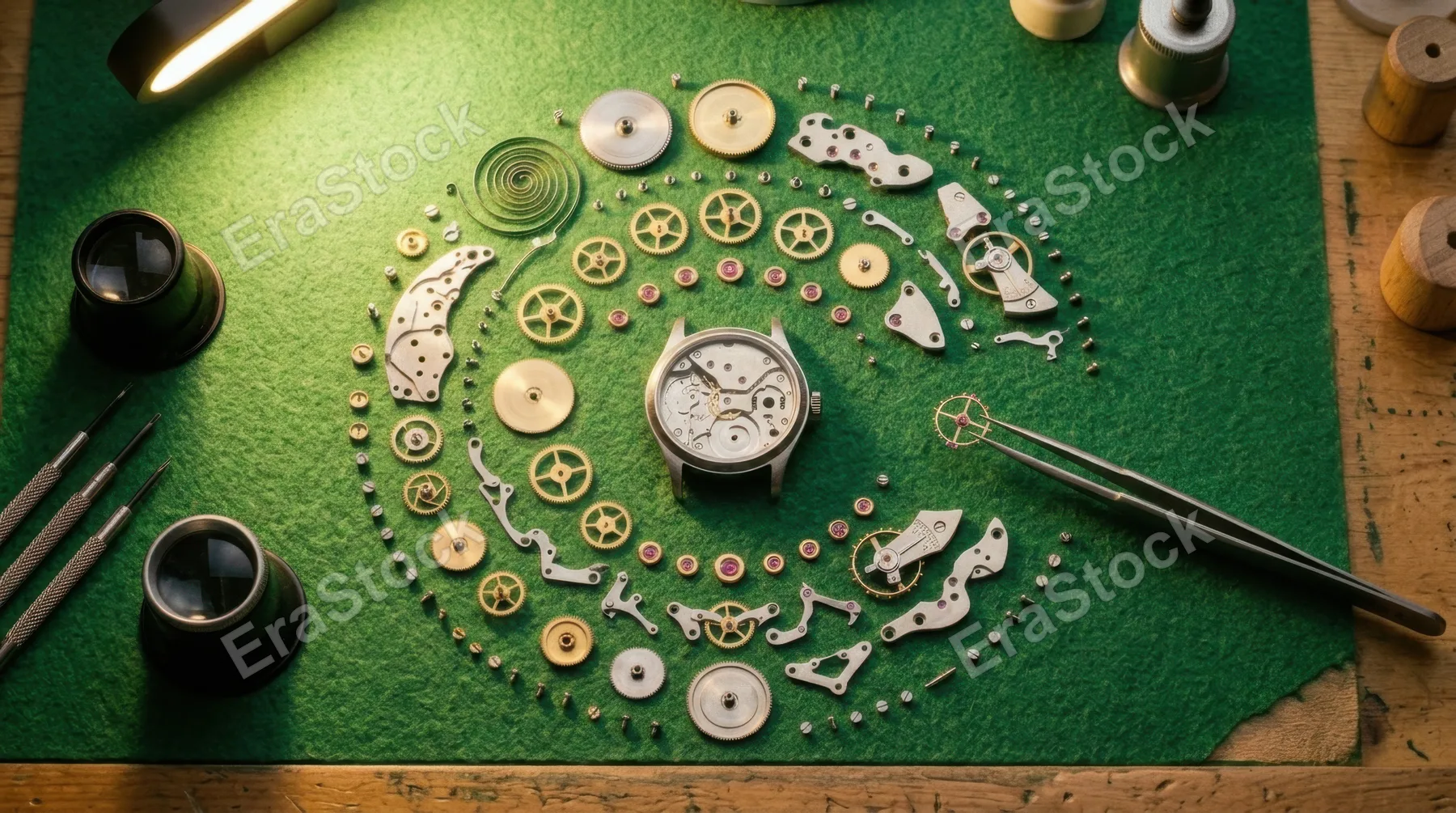 A precision watchmaker's bench photographed from directly above, a movement in mid-disassembly with dozens of components laid out in exact radial order around the empty