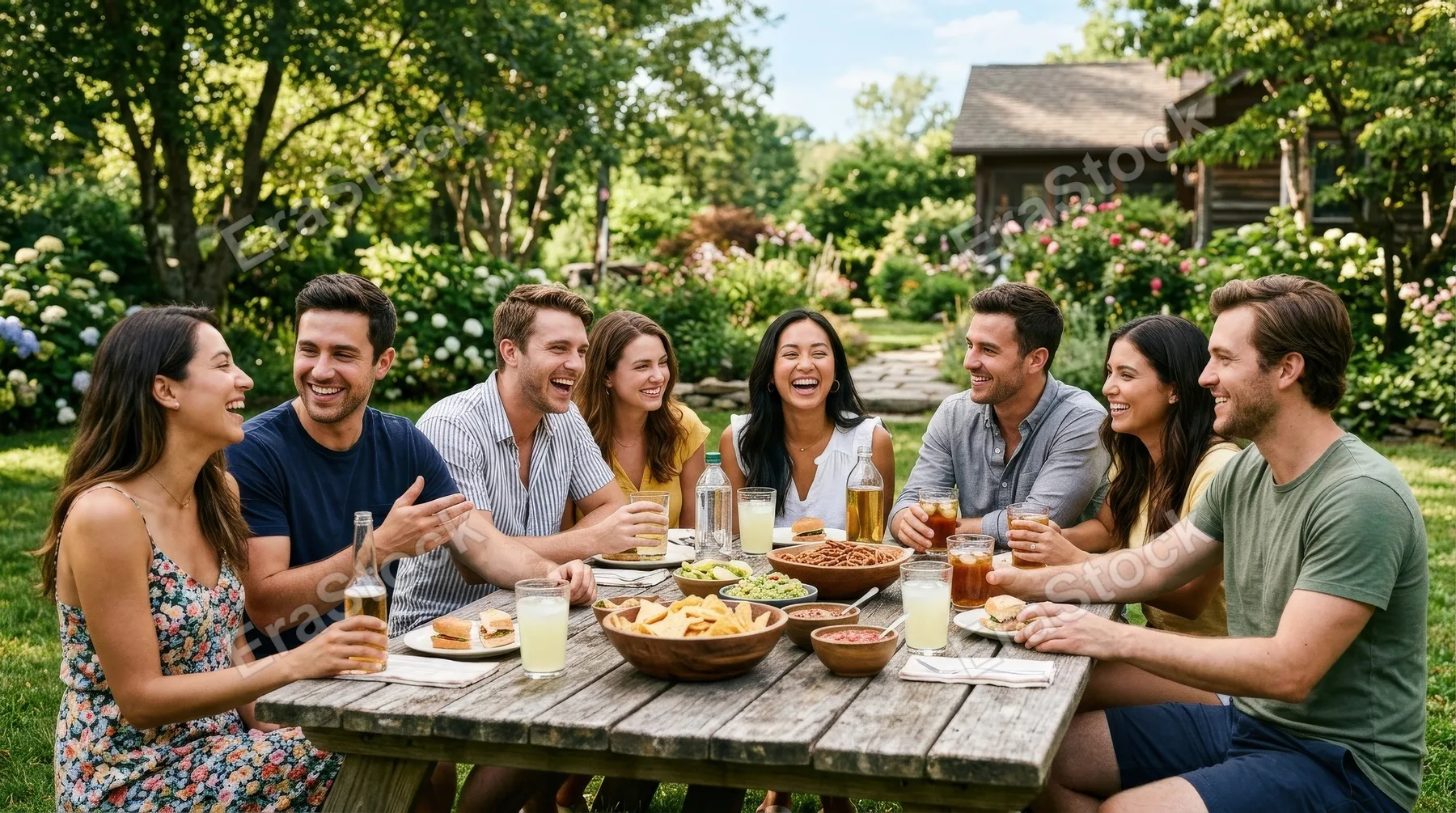 A group of friends enjoying a casual outdoor gathering on a sunny day, snacks and drinks on a table, candid smiles, relaxed atmosphere, ultra-realistic, no logos.