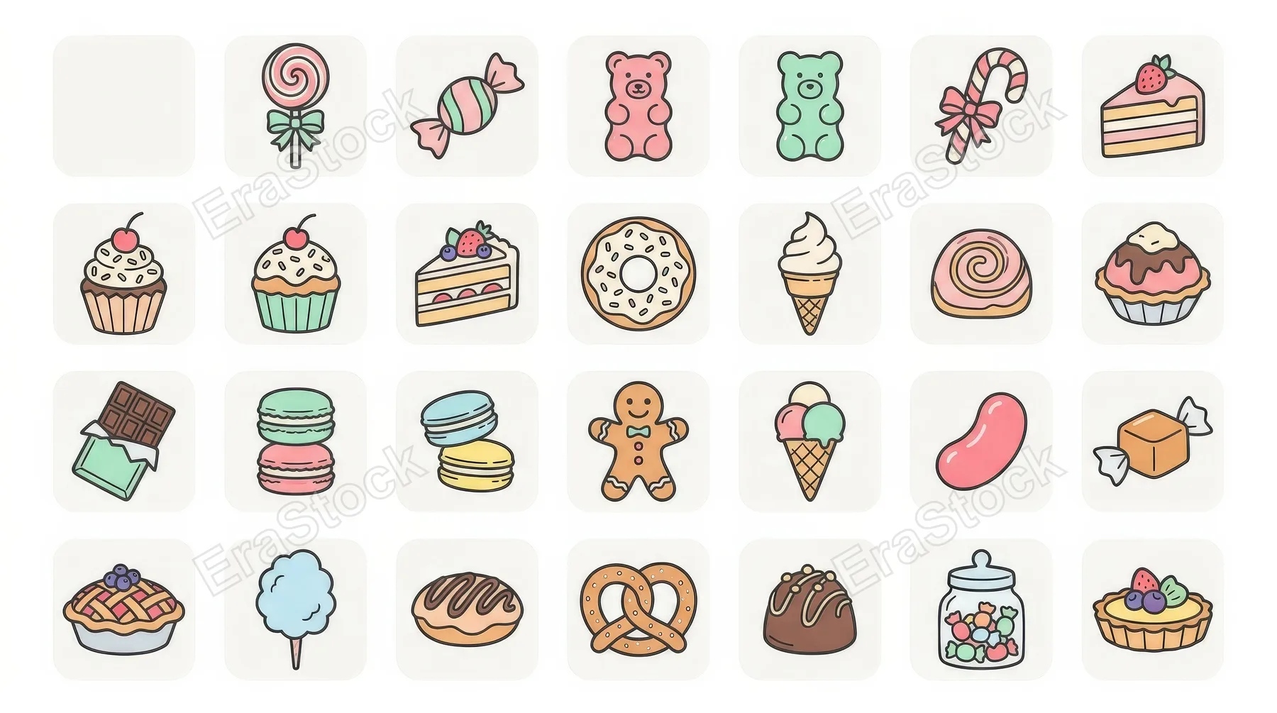Sweets icon set with candy, dessert and confectionery symbols in an editable line style, playful and charming on white, ultra-realistic, no logos.
