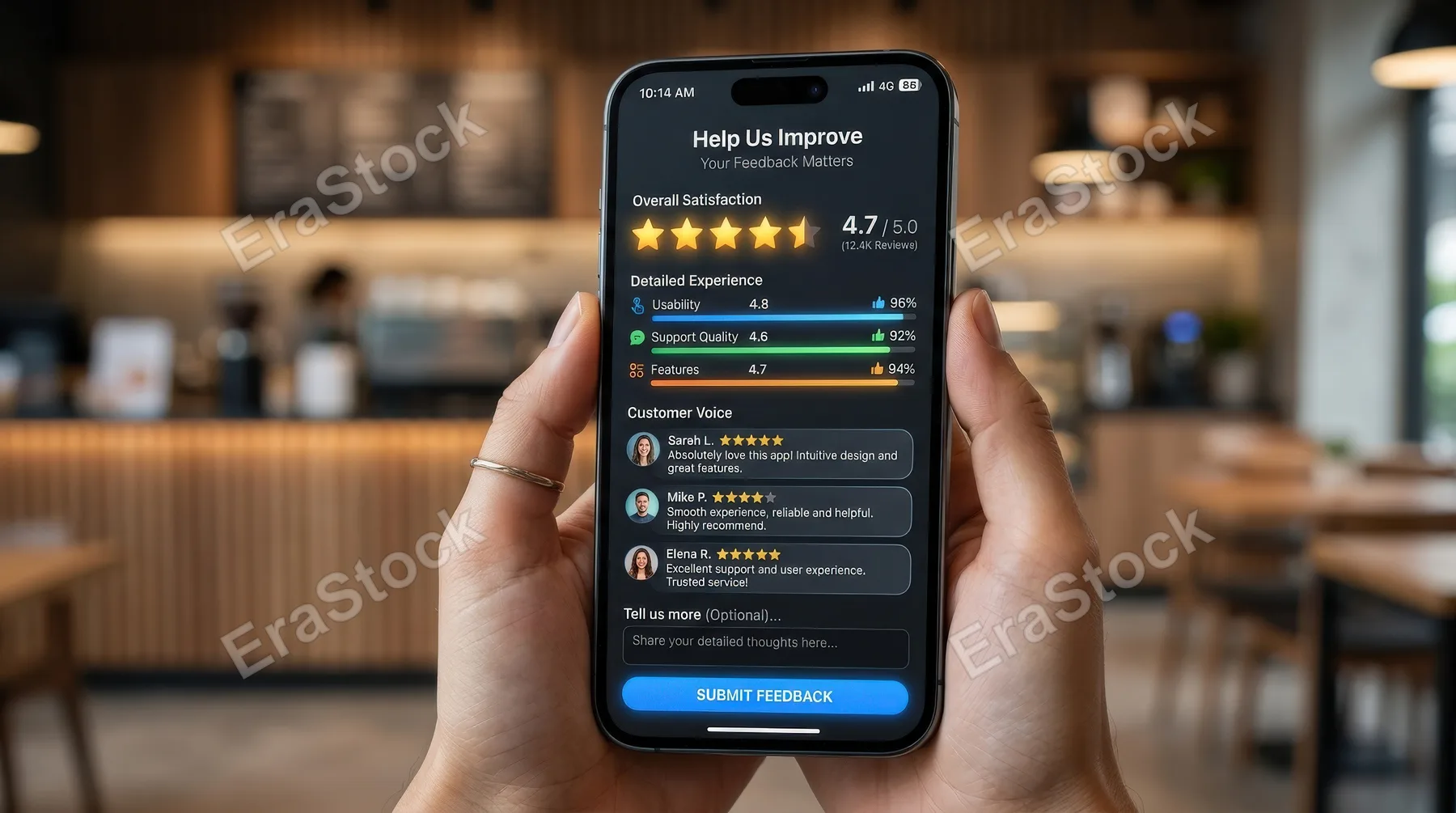 A mobile app feedback screen with glowing stars, review bubbles and satisfaction metrics, sleek user interface, trusted customer experience and brand reputation mood, ultra-realistic, no logos.