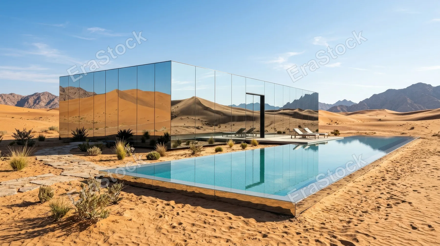 A reflecting mirrored house with a pool in the desert, sunlit sand, sharp reflections, minimalist architecture, surreal luxury and stillness, ultra-realistic, no logos.