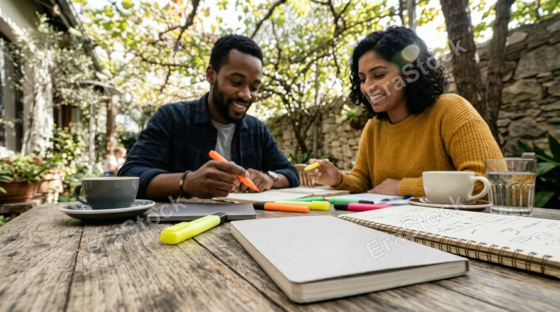 a distinct low-angle view of a 30-year-old black male product developer engaged in quiet collaboration at a rustic wooden table in a serene outdoor cafe. the bright