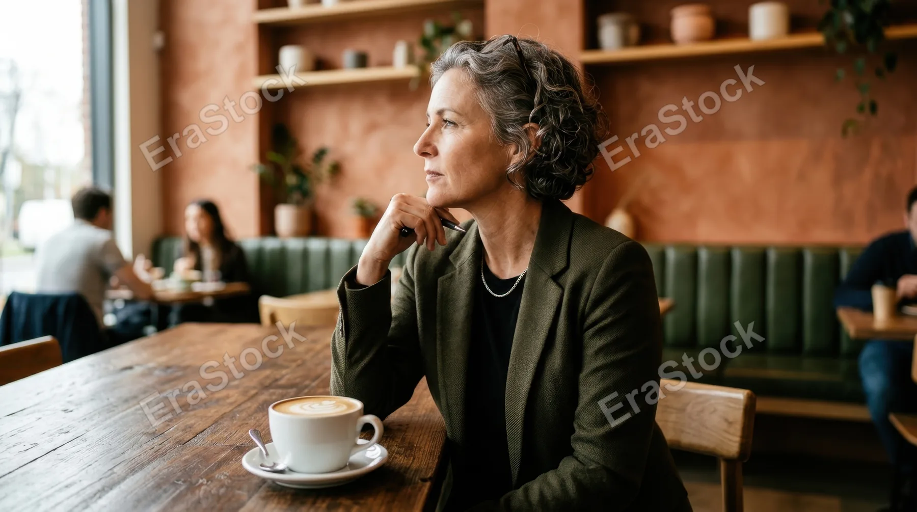 a bold composition featuring the director in profile, seated at the cafe table with the flat white prominently in the foreground. the vibrant earthy hues of the decor