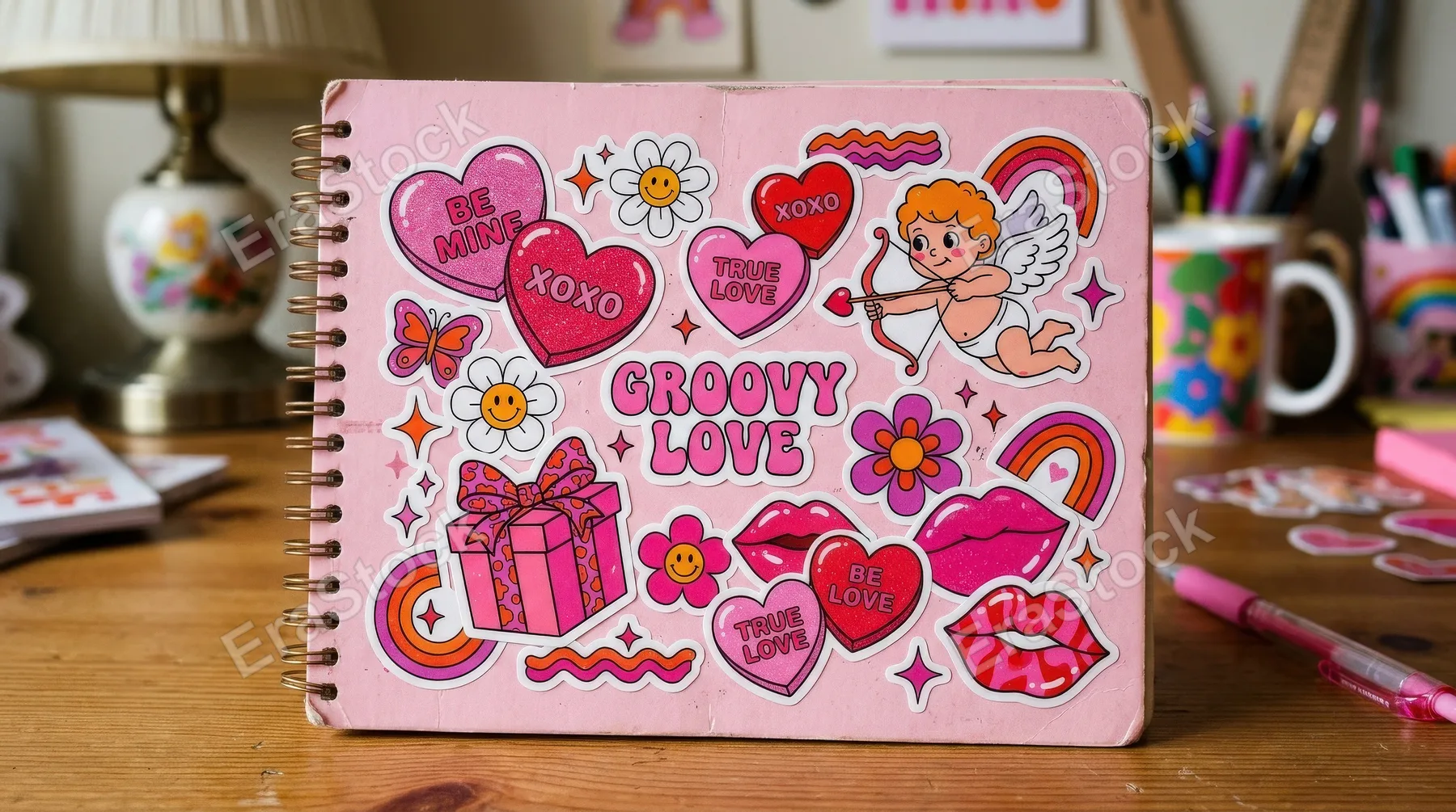 Love-themed Y2K retro groovy stickers with pink hearts, Cupid arrows, flowers, gifts and kiss lips, playful Valentine nostalgia and sweet pop energy, ultra-realistic, no logos.