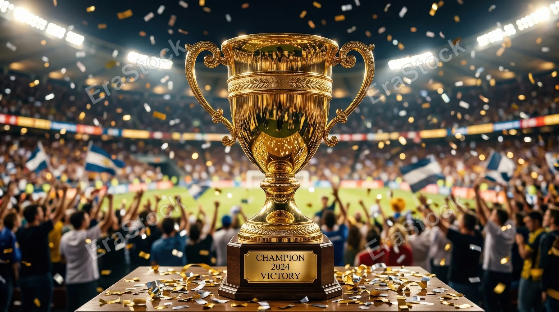 A trophy cup champion symbol with polished metallic shine, proud silhouette and victorious celebratory mood, ultra-realistic, no logos.